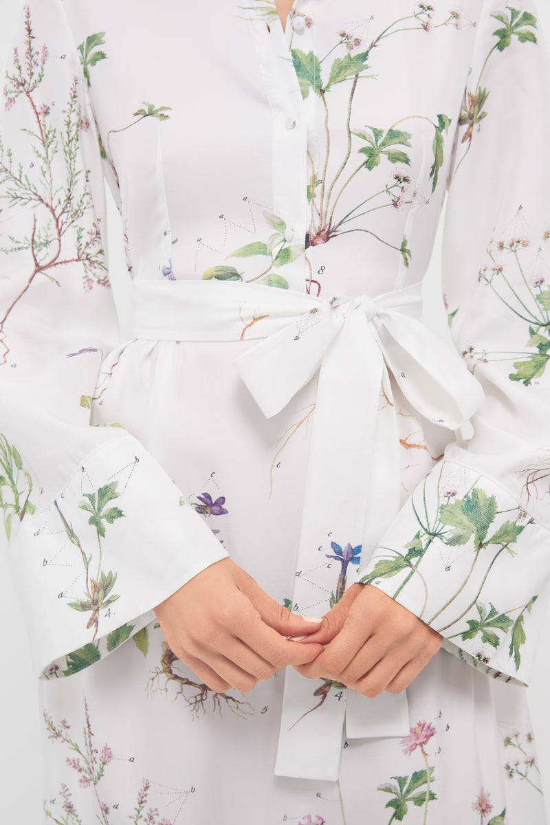 Botanical Garden White Long Sleeve Tie Waist Midi Dress