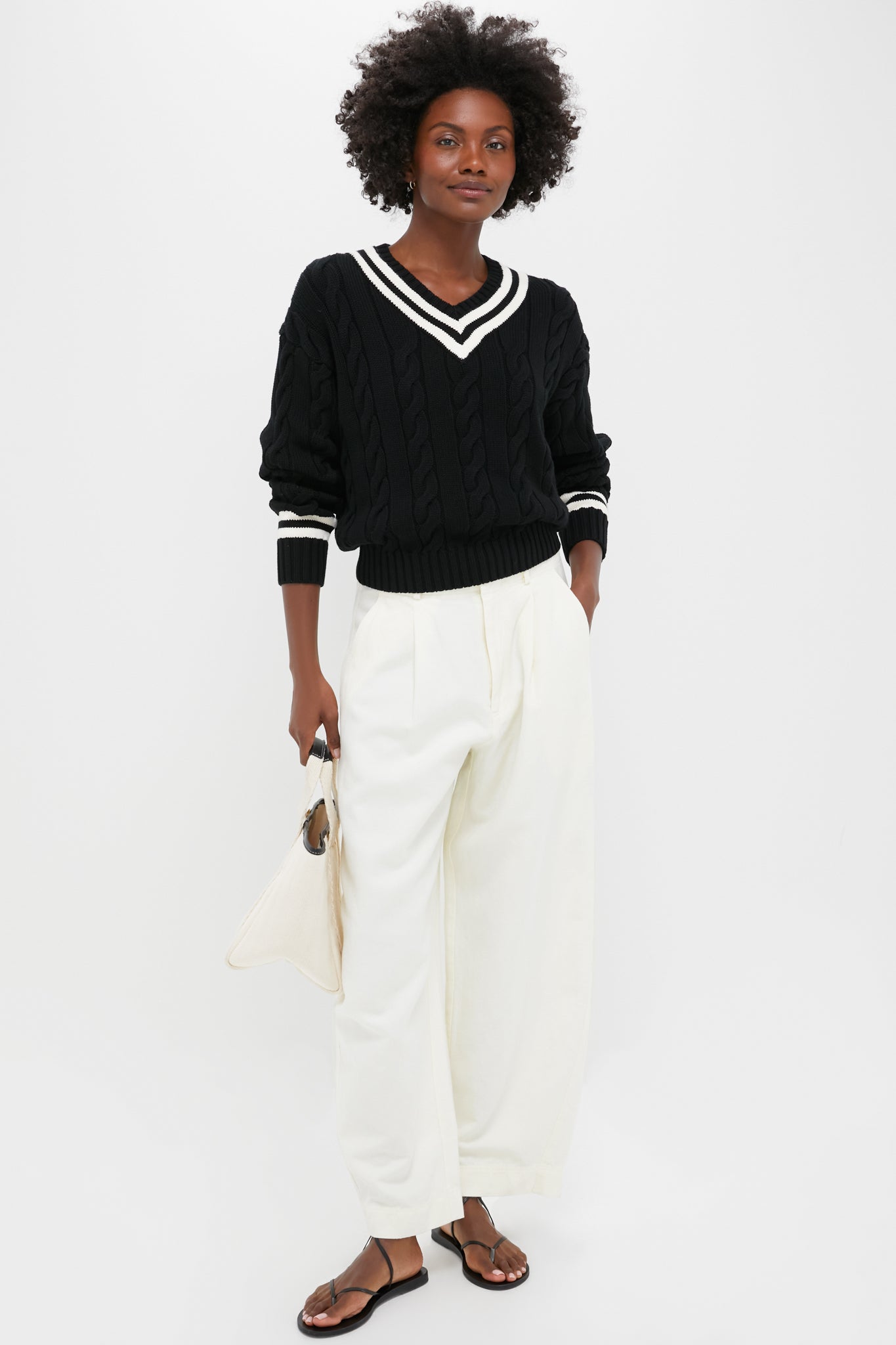 Polo Black and Cricket Cream Cotton Long Sleeve Crew Neck Pullover Sweater