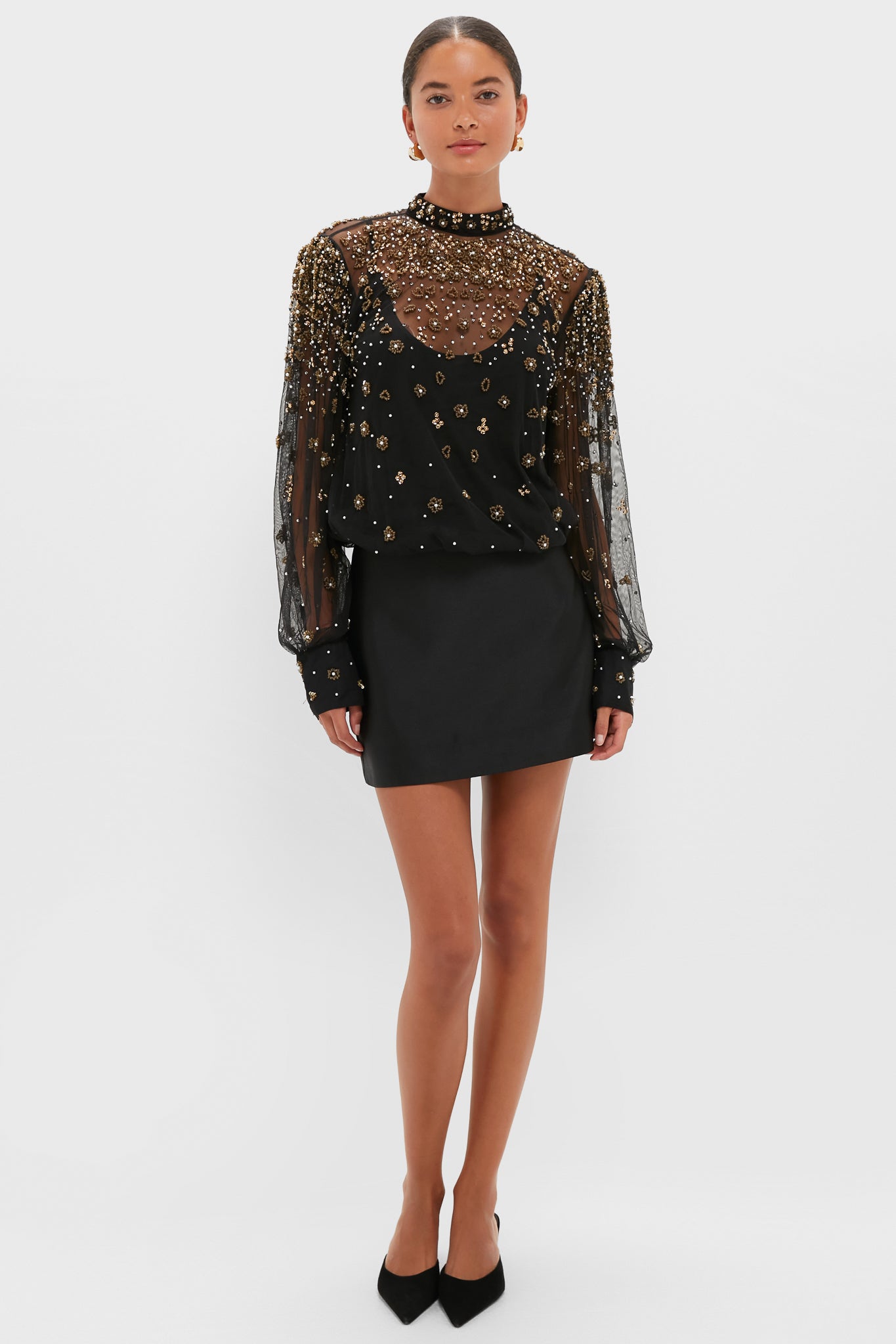 Black Embroidered Bubble Tulle Blouse