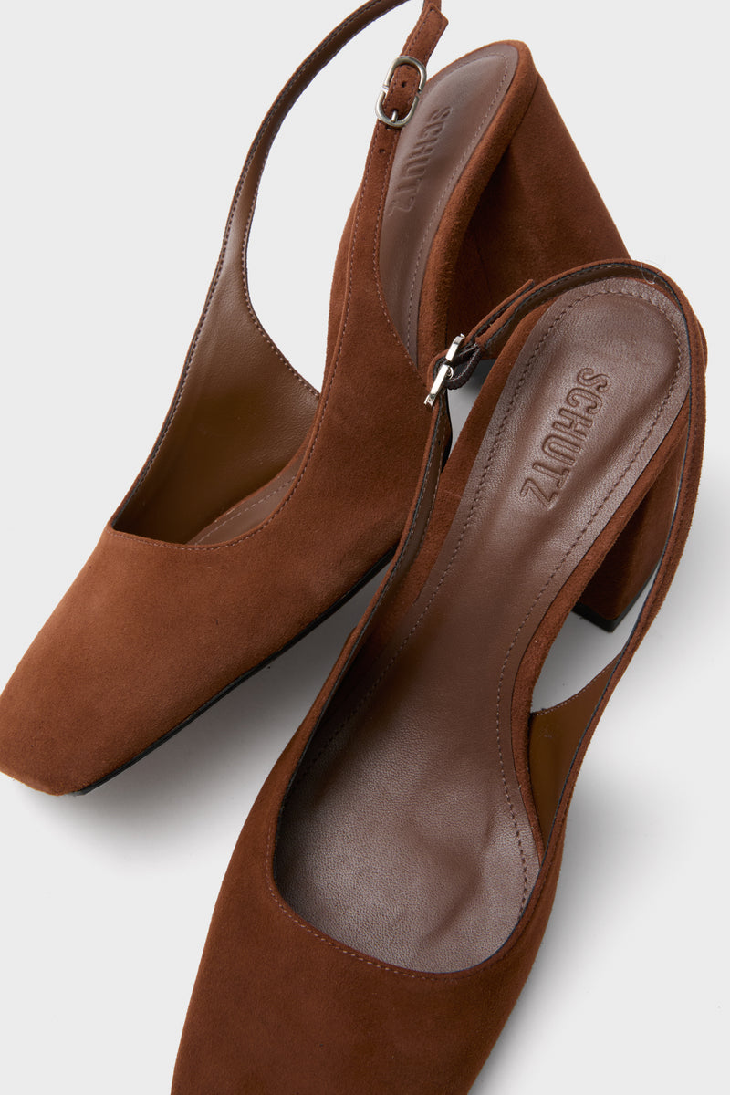 Pecan Brown Leia Block Sling Back Heels in chestnut suede, featuring a classic square toe, effortless adjustable strap, and high-end block heel design for fun, versatile style.