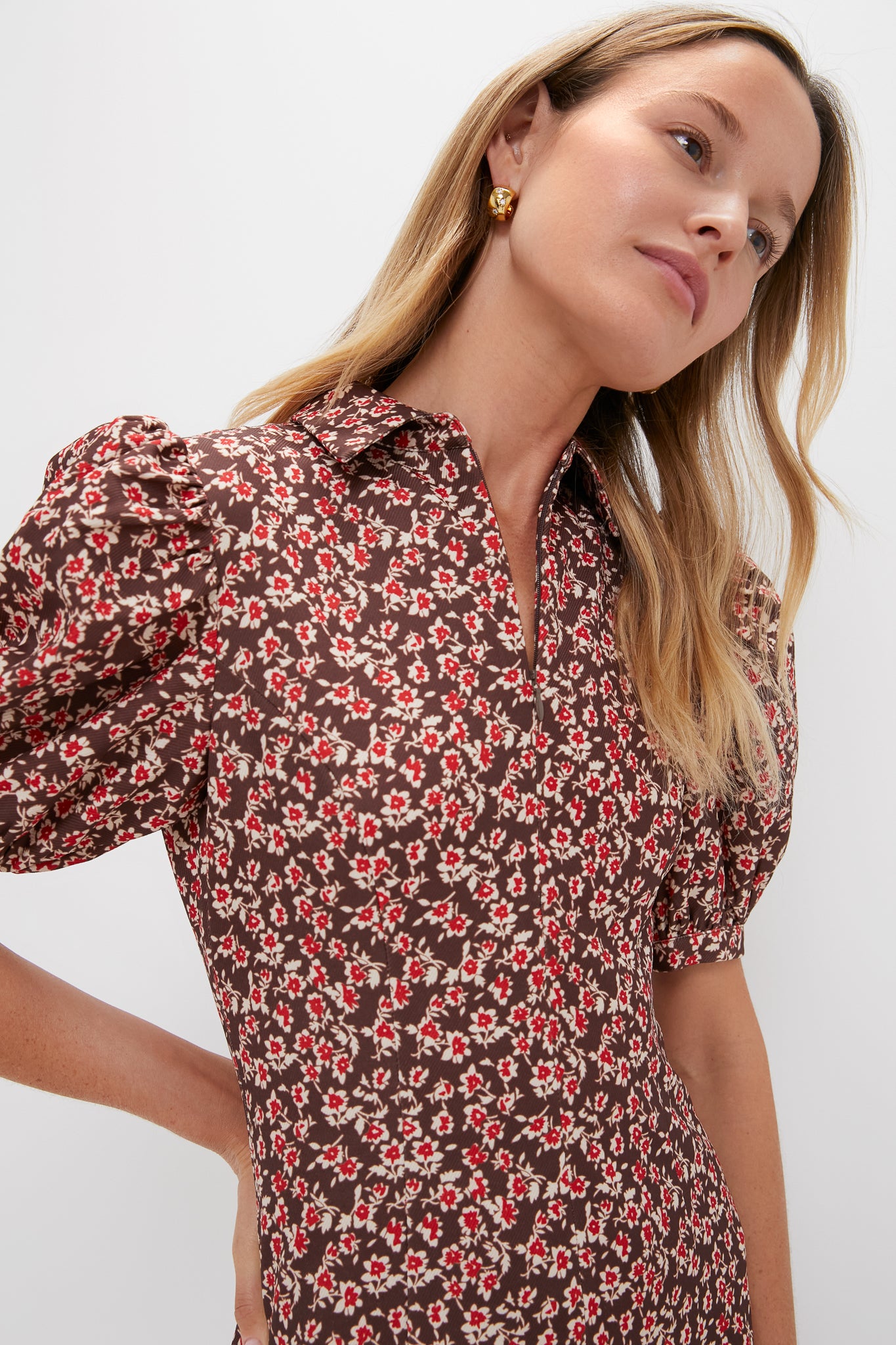 knee length dresses for ladies Brown & Red Floral Corduroy Front Zip Mini Dress