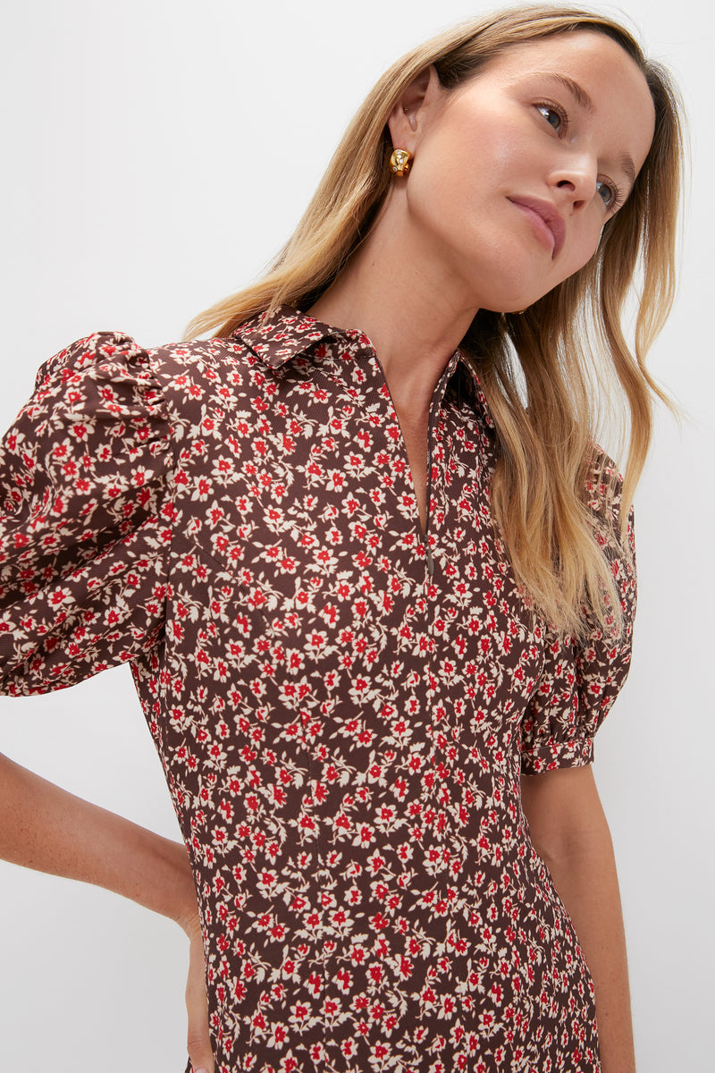 Brown & Red Floral Corduroy Front Zip Mini Dress