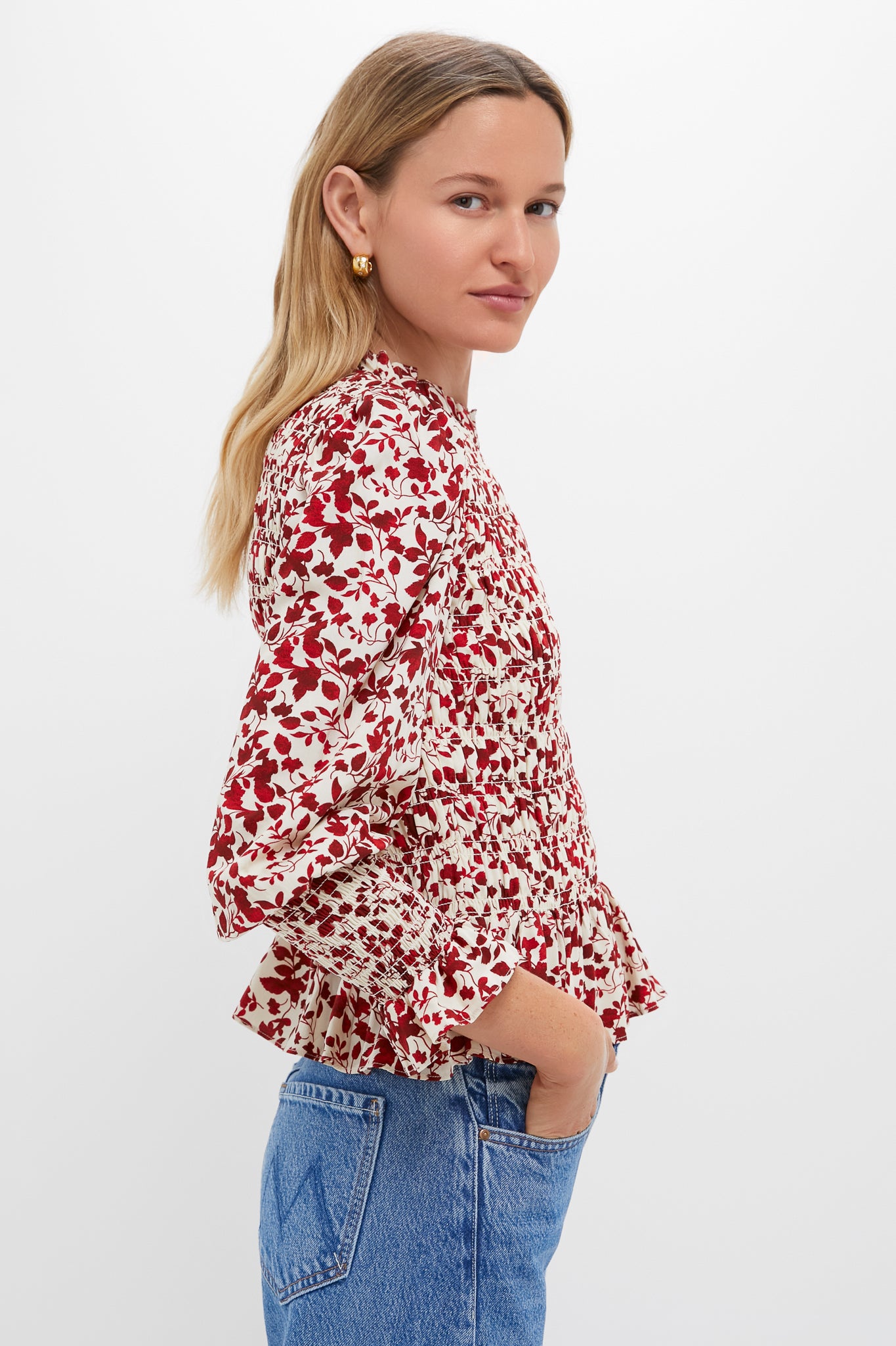 Red & Cream Floral Smocked Cynthia Blouse