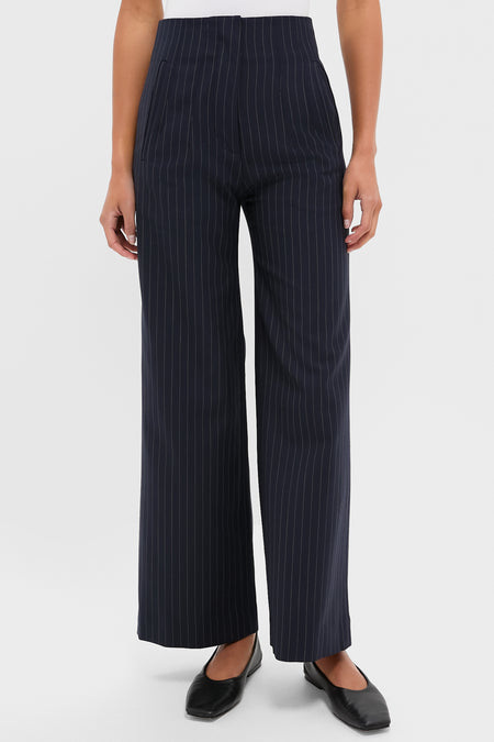 Navy Pinstripe Darted Wideleg Trouser