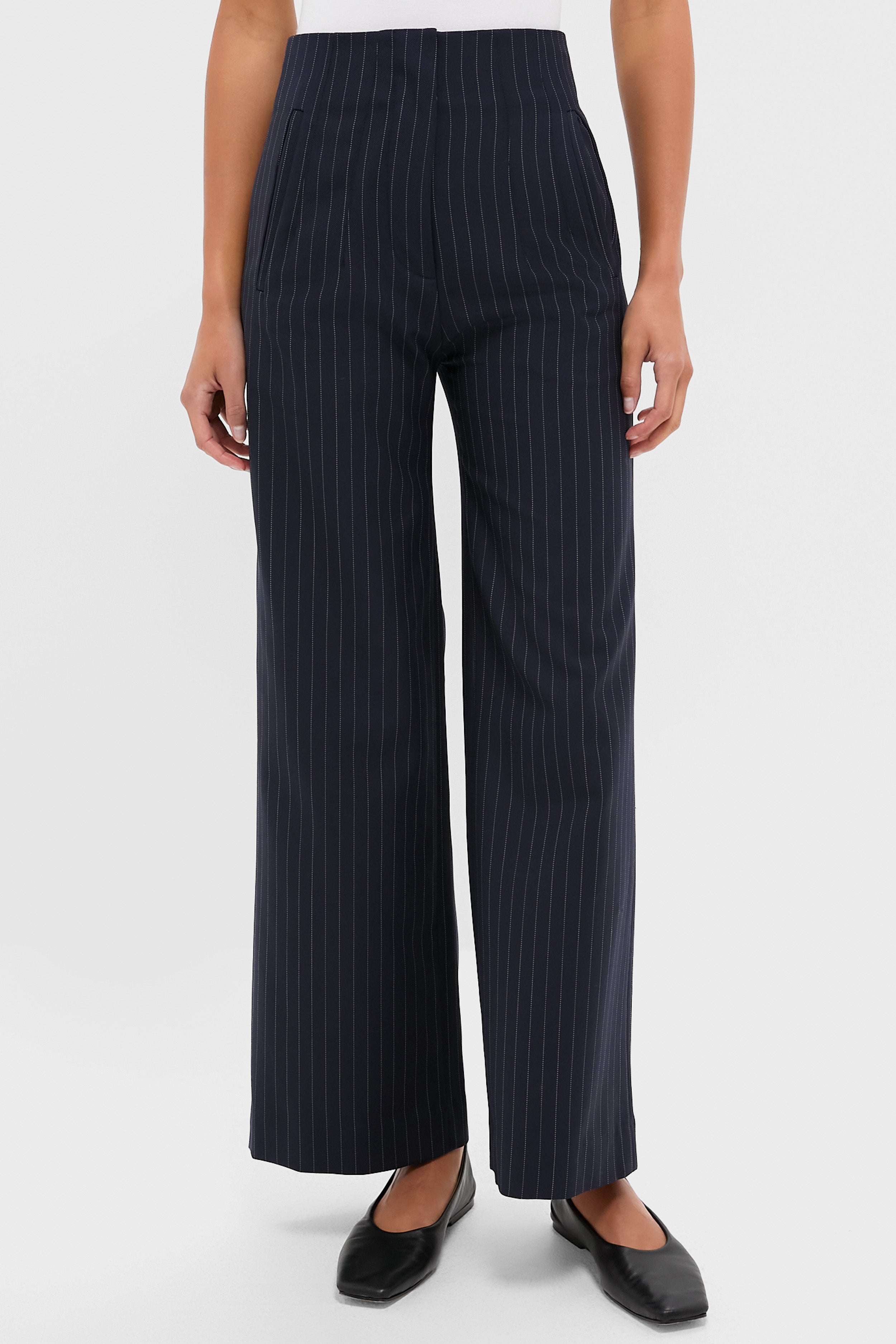 Navy Pinstripe Darted Wideleg Trouser | Emerson Fry