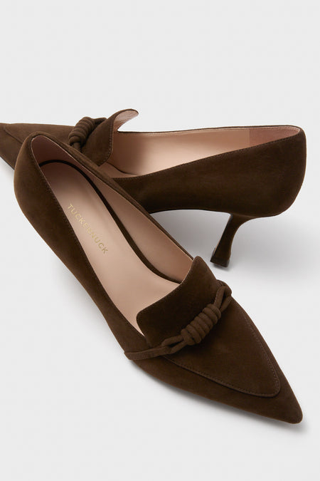 Chocolate Suede Morgan Heels: Classic pointed-toe loafers in rich suede, featuring a low kitten heel and decorative knot, offering an effortless, high-end style for fun, confident wear.