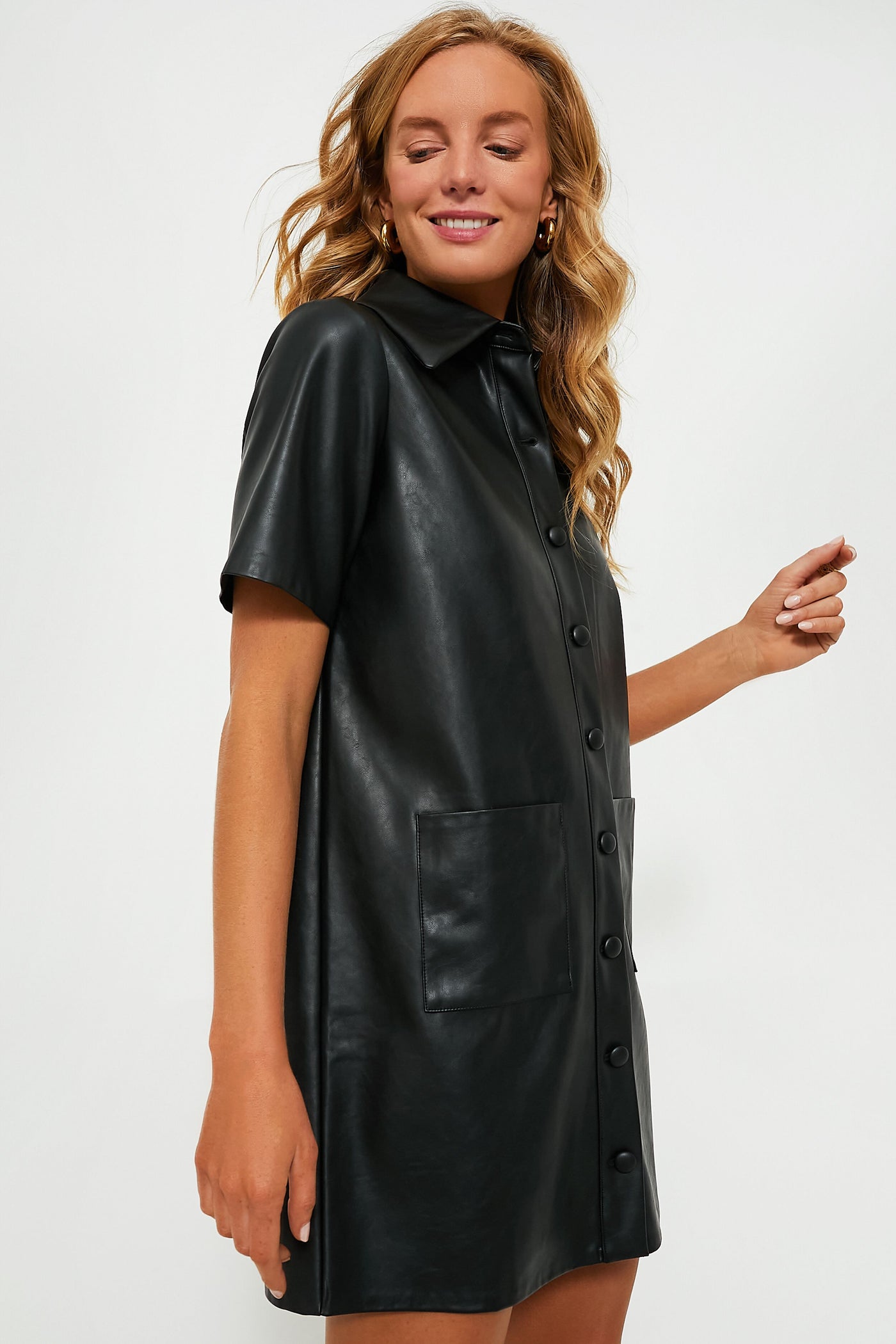 leather collar dress Women's Black Genuine Leather Front Zip Shirt Collar Dress