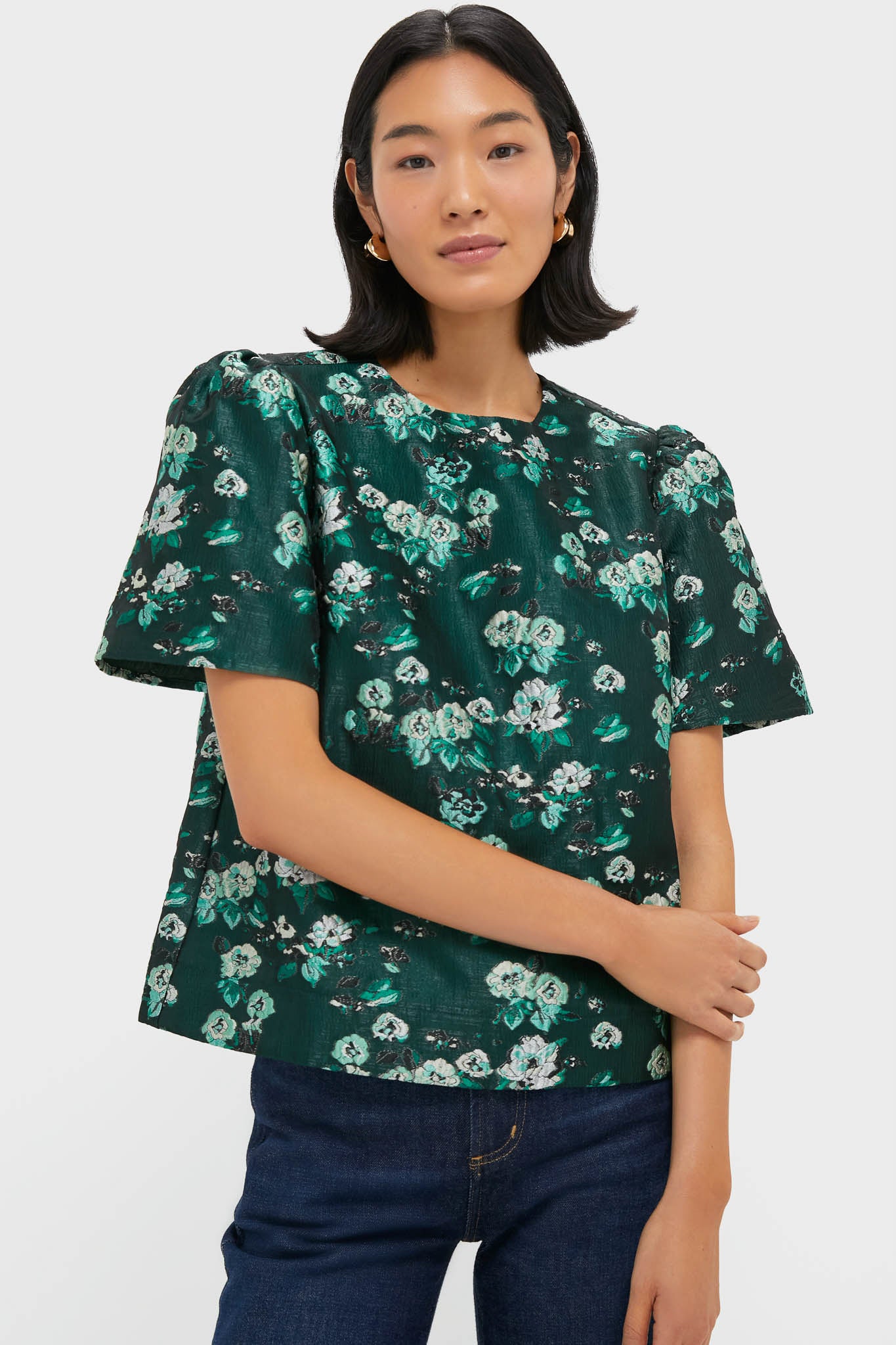 Emerald Magnolia Floral Jacquard Lyla Blouse | Pomander Place