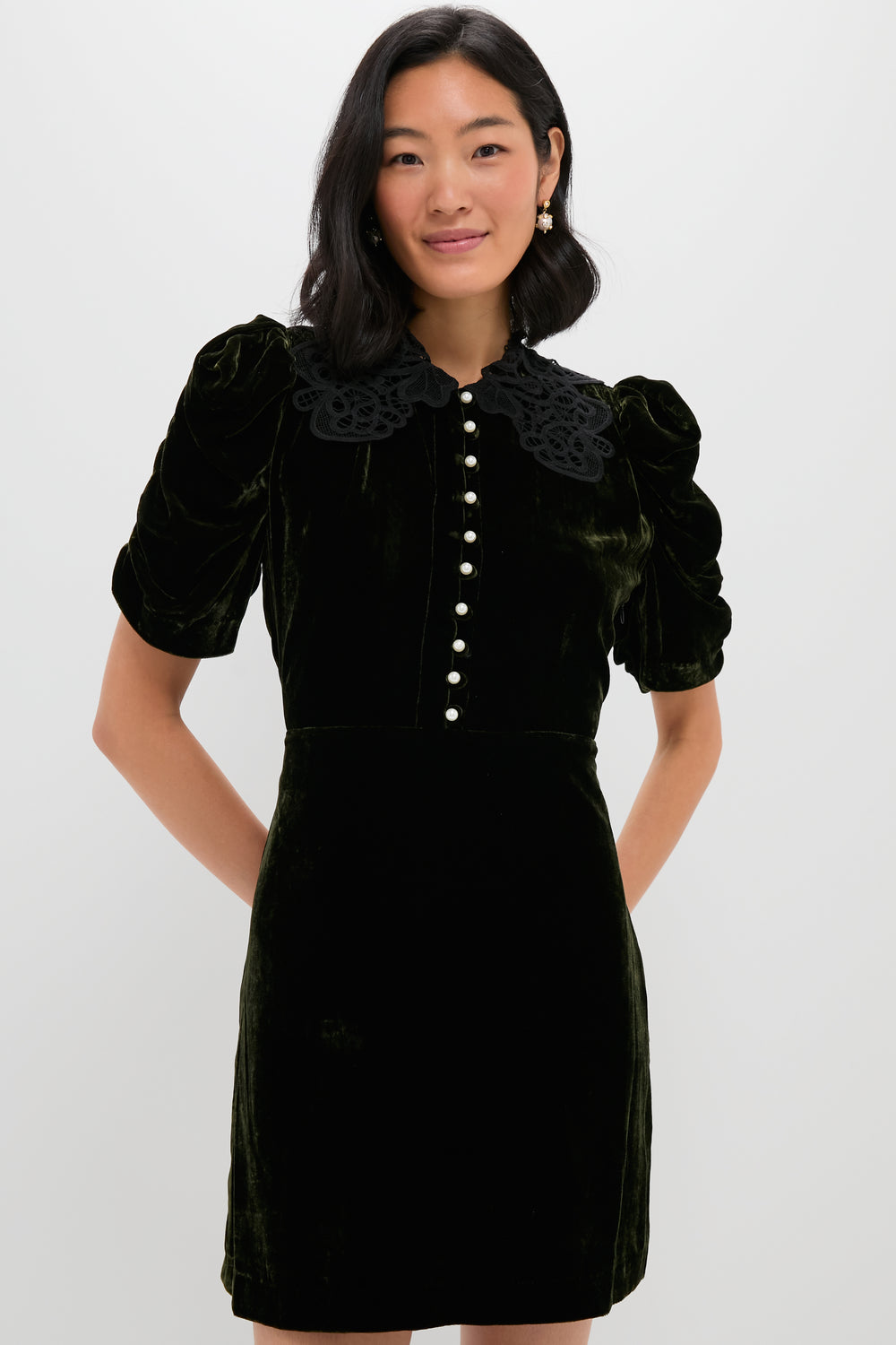 Olive Velvet Norabelle Short Sleeve Mini Dress