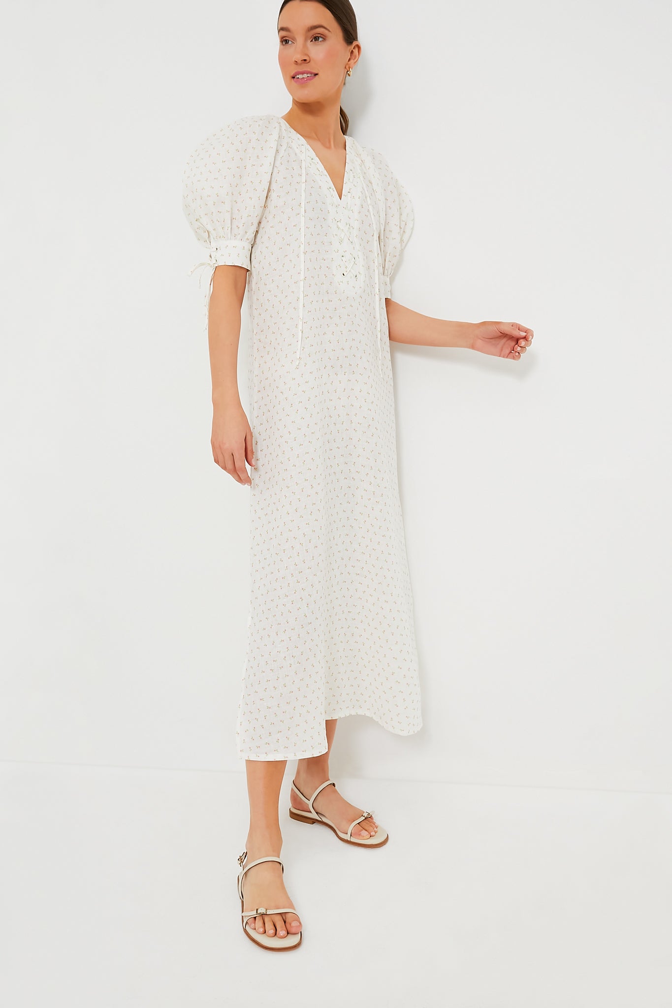 White and Pink Rose Garden Linen Dress