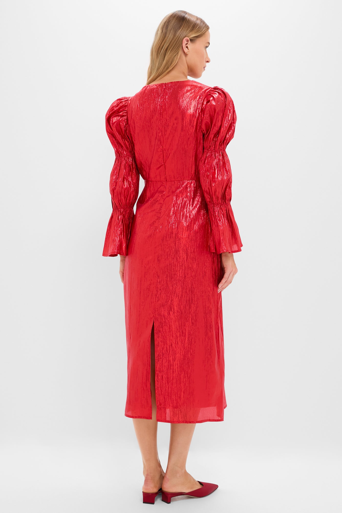 red silk dress with sleeves Women's PLT Label Red Satin Long Sleeve Plunge Maxi Dress