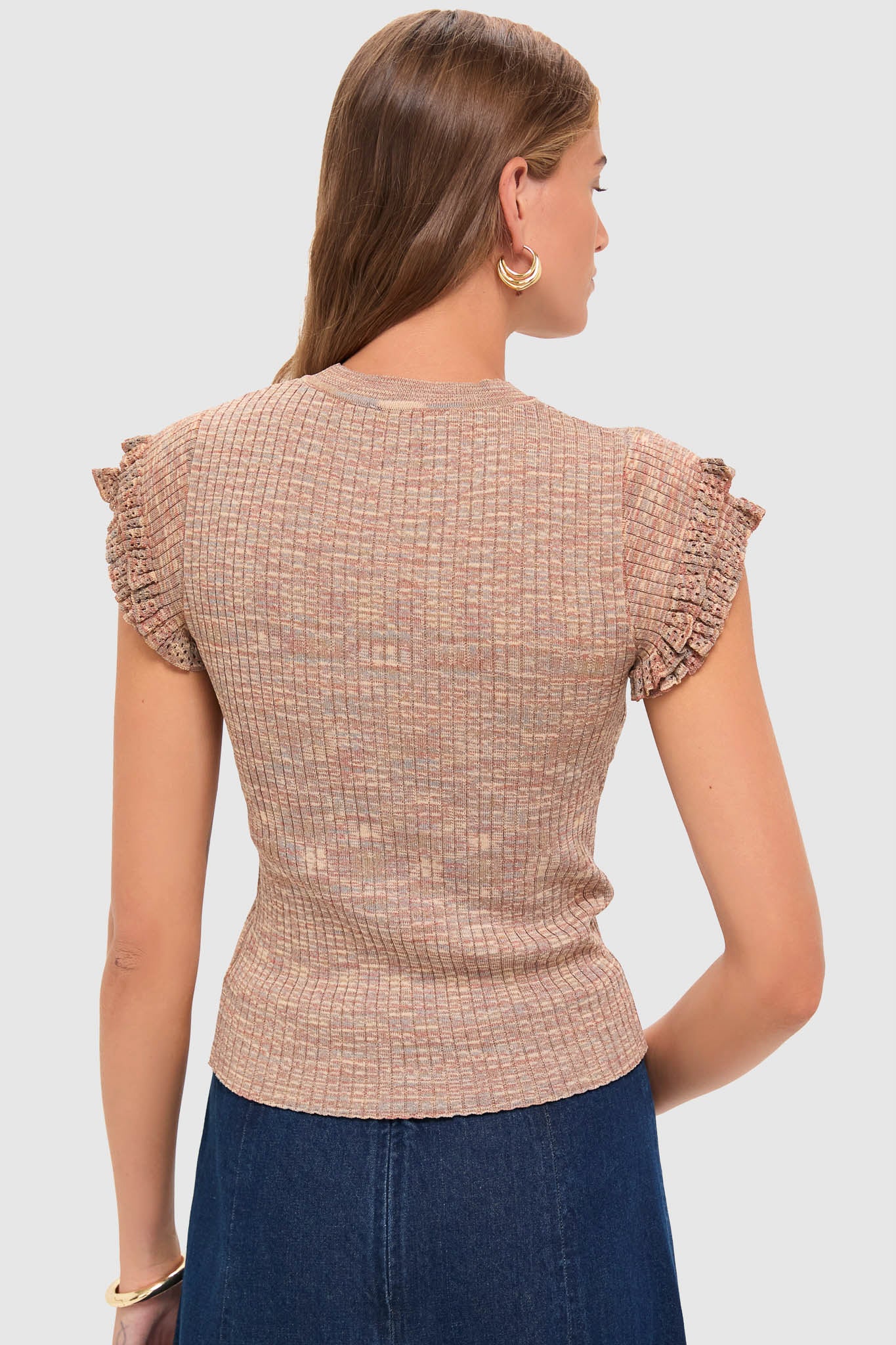 Brown Rowe Crewneck Flutter Sleeve Knit Top