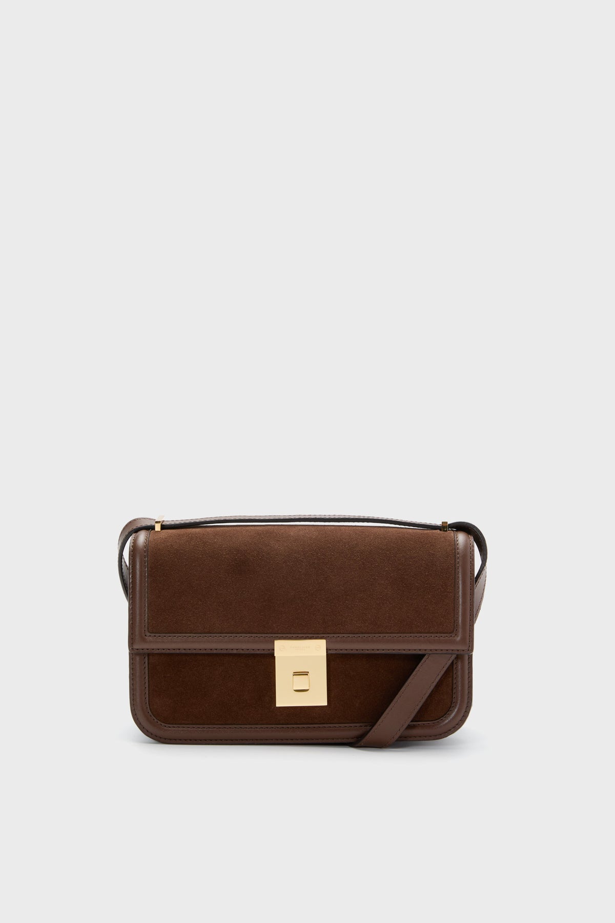 Demellier Rectangular Mocha Suede Paris Shoulder Bag made from sustainable Italian leather and suede, featuring a gold rectangular clasp and matching brown strap.