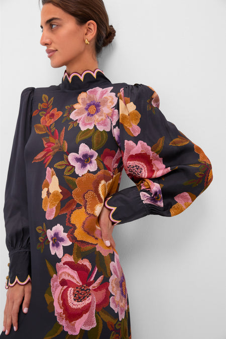 Black Chenille Flowers Midi Dress with bold floral print, classic high-neck, scalloped trim, and blouson sleeves, embodying effortless, high-end style for fun, elegant occasions.