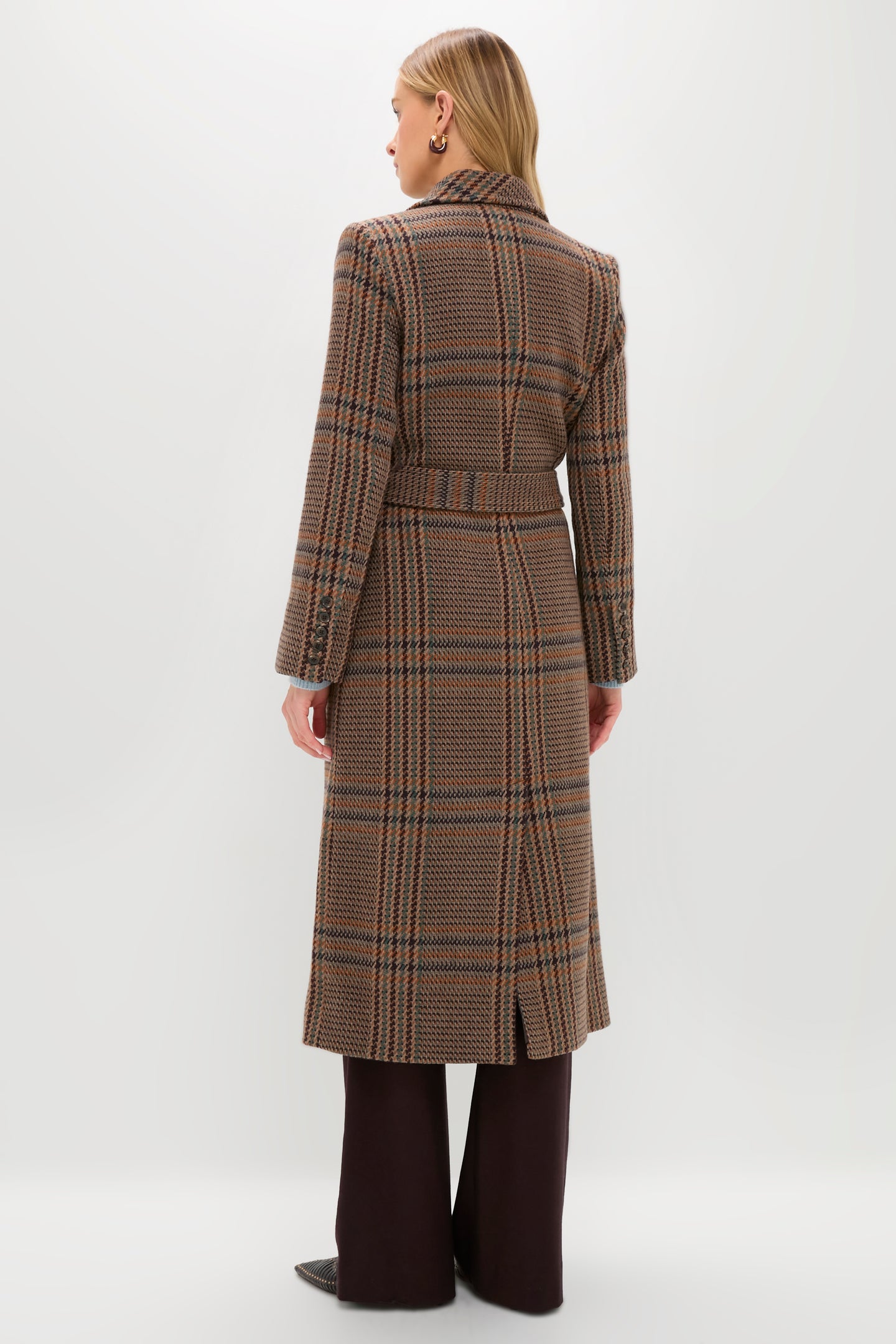 Brown Plaid Kolina Long Coat with Belt