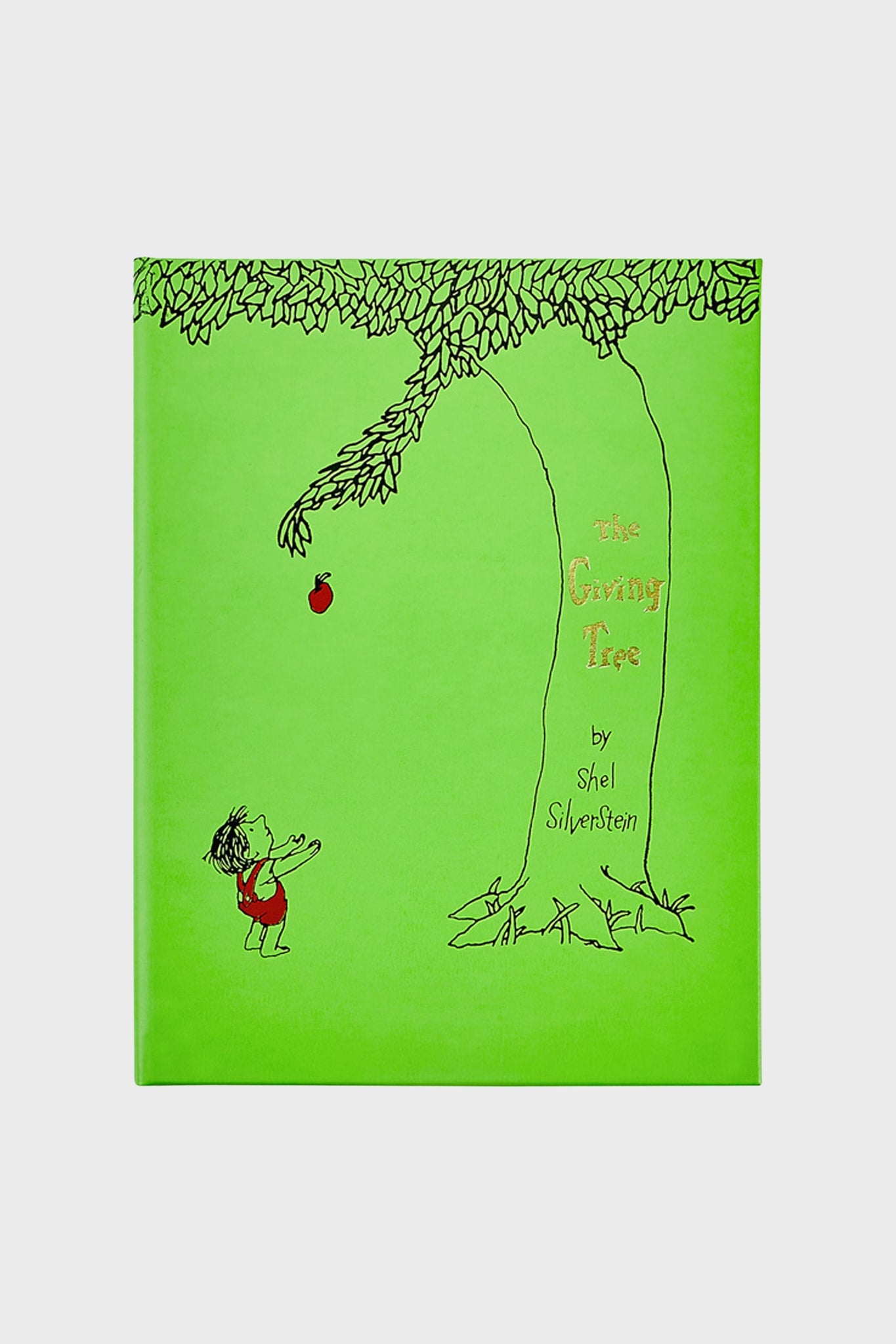 Green cover of The Giving Tree by Shel Silverstein, published by Graphic Image, features a child reaching for an apple from a tree on this classic children's book.