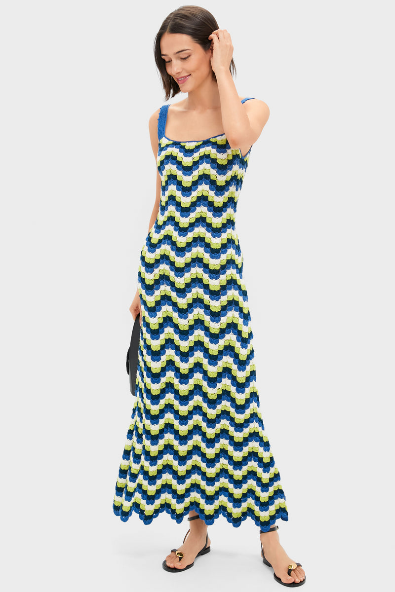 Blues and Lime Green Marea Crochet Maxi Dress