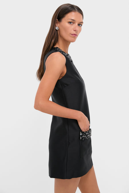 Black Taffeta Embellished Trim Mini Dress