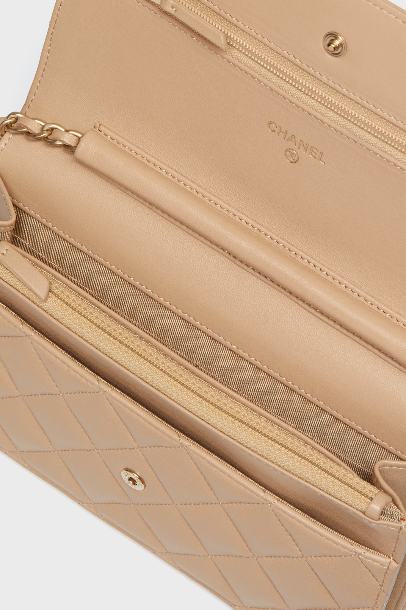 CHANEL Beige Lambskin Quilted Classic Wallet On Chain