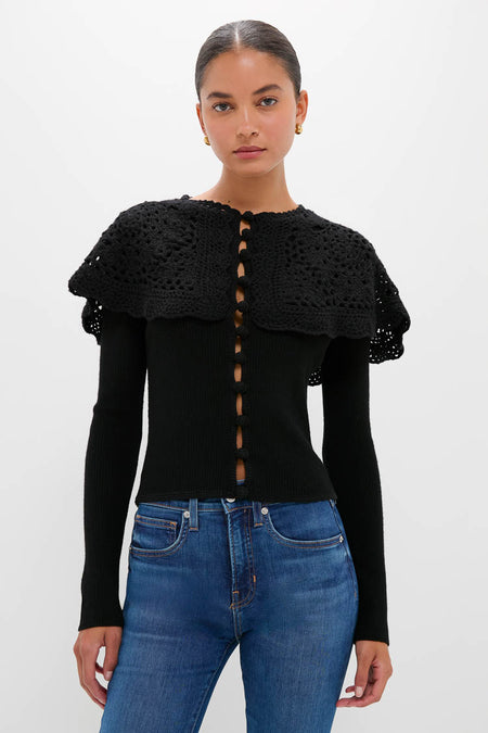Black Nara Crochet Long Sleeve Cardigan With Capelet