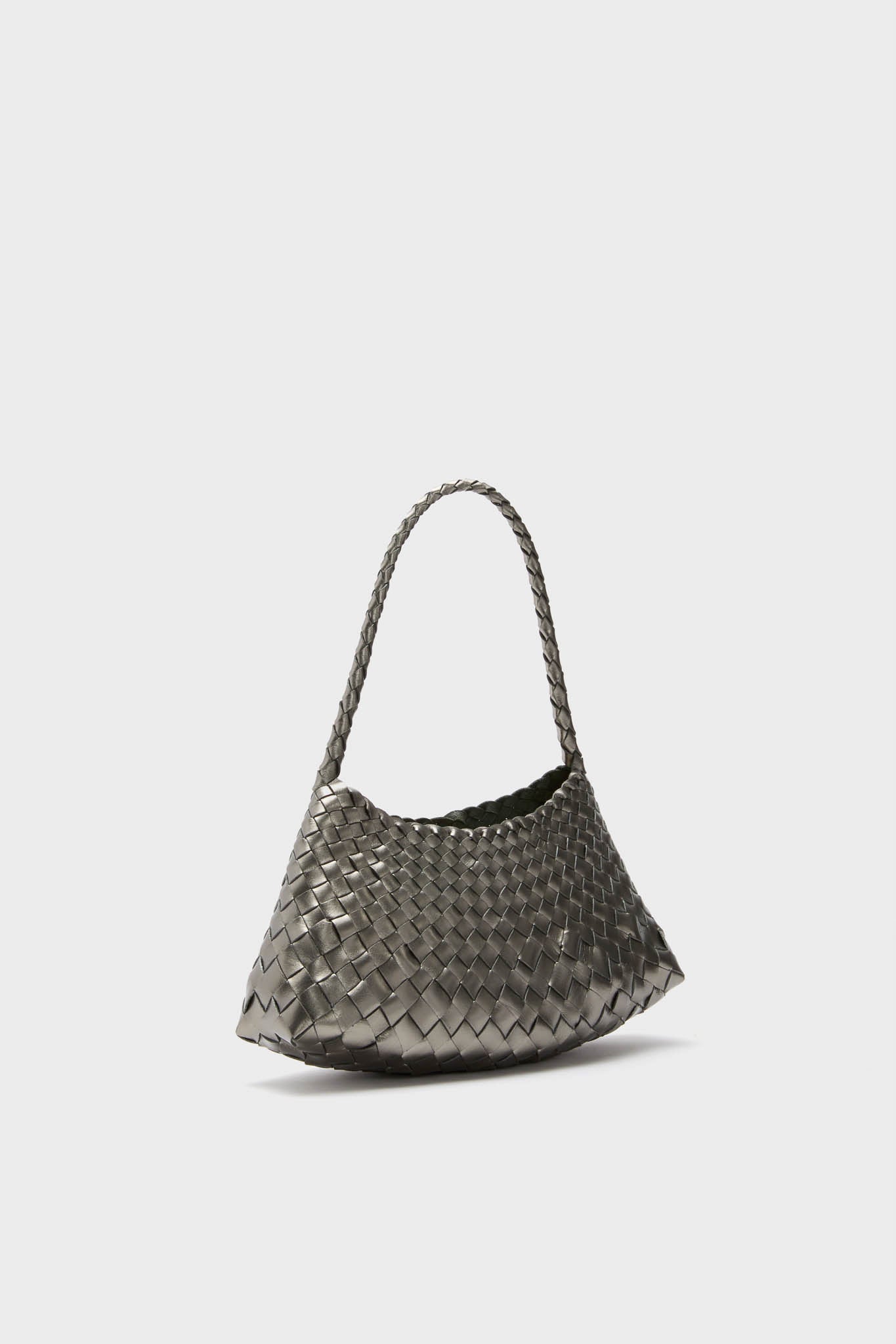 Covert Foil Rosanna Mini Croce: A classic, high-end shoulder bag with effortless woven leather design, featuring a fun metallic gray tone and braided strap, perfect for any occasion.