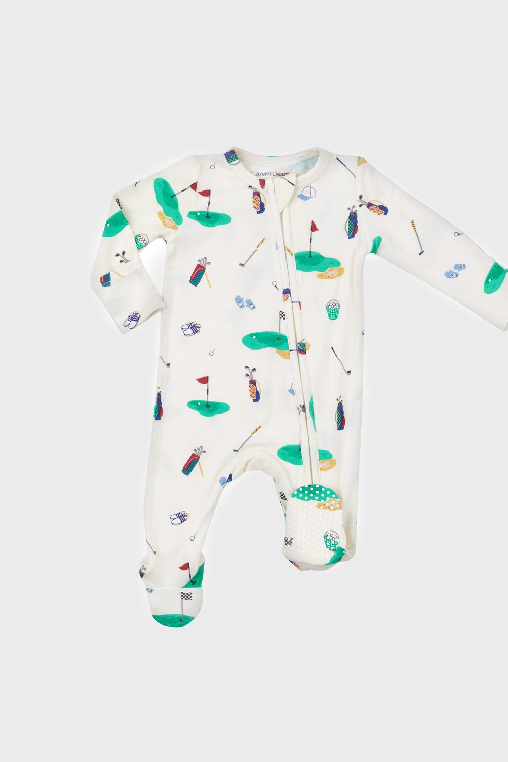 The Angel Dear white bamboo baby footie onesie has long sleeves, golf-themed prints (clubs, flags, bags), and a convenient 2-way zipper.
