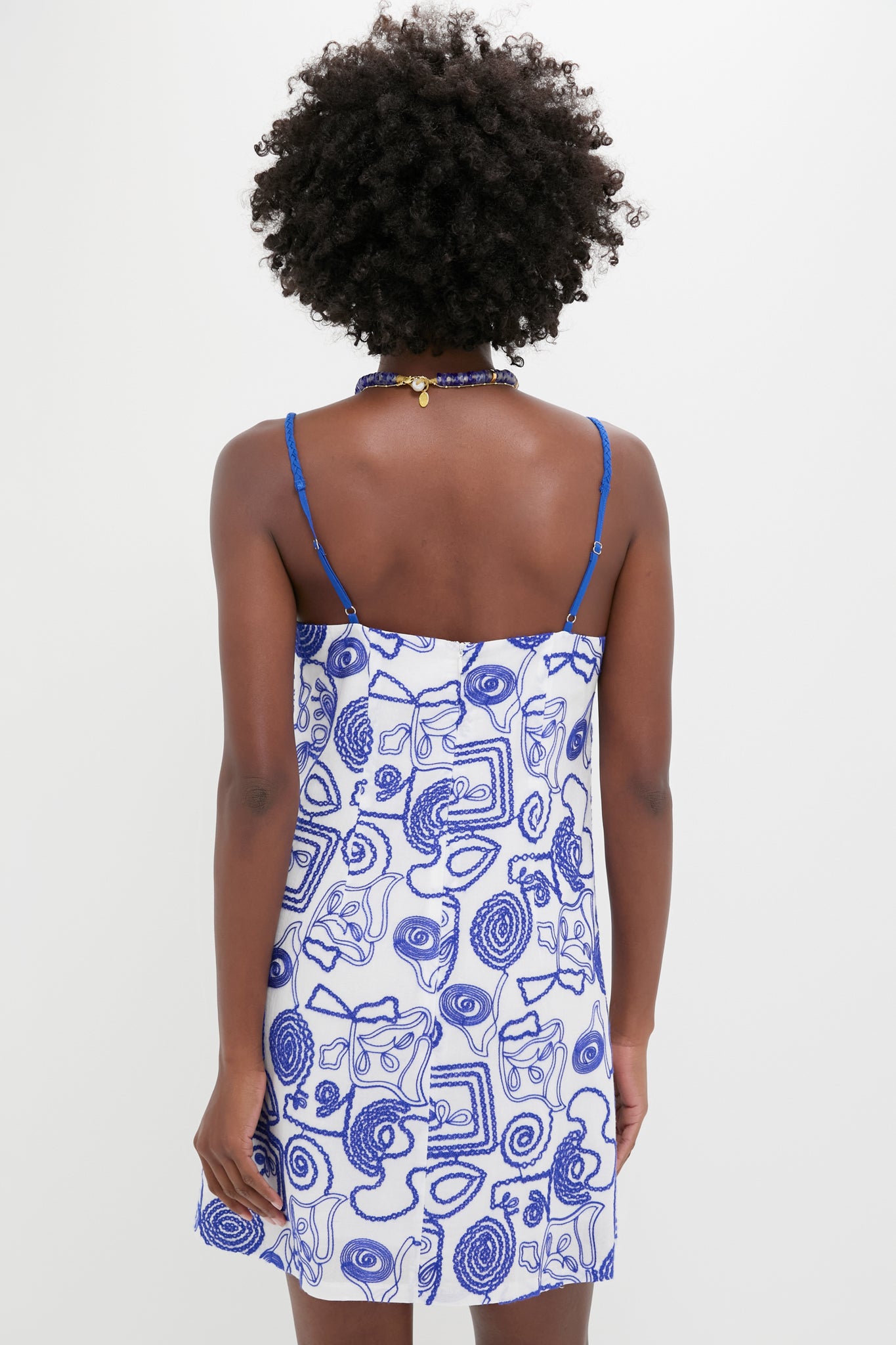 White & Royal Blue Applique Santorini Mini Dress