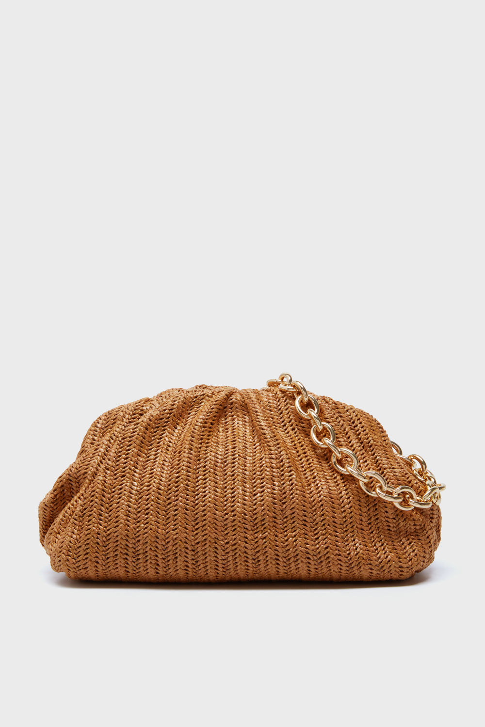 The Tuckernuck Accessories Dark Raffia Slouchy Clutch features a brown woven design, oversized slouch style, and a gold chain strap.