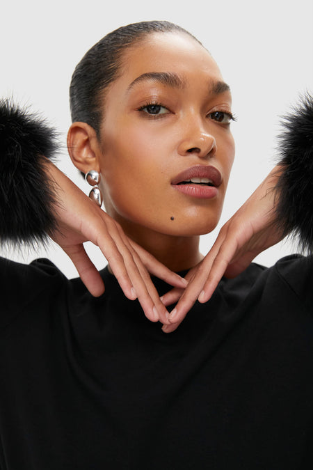 Black Long Sleeve T-Shirt with Detachable Feathers