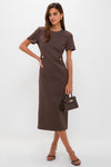 Model in a classic Chocolate Brown Zarah Midi Dress with gold buttons, effortlessly styled with a structured handbag and strappy sandals for a chic, high-end look.