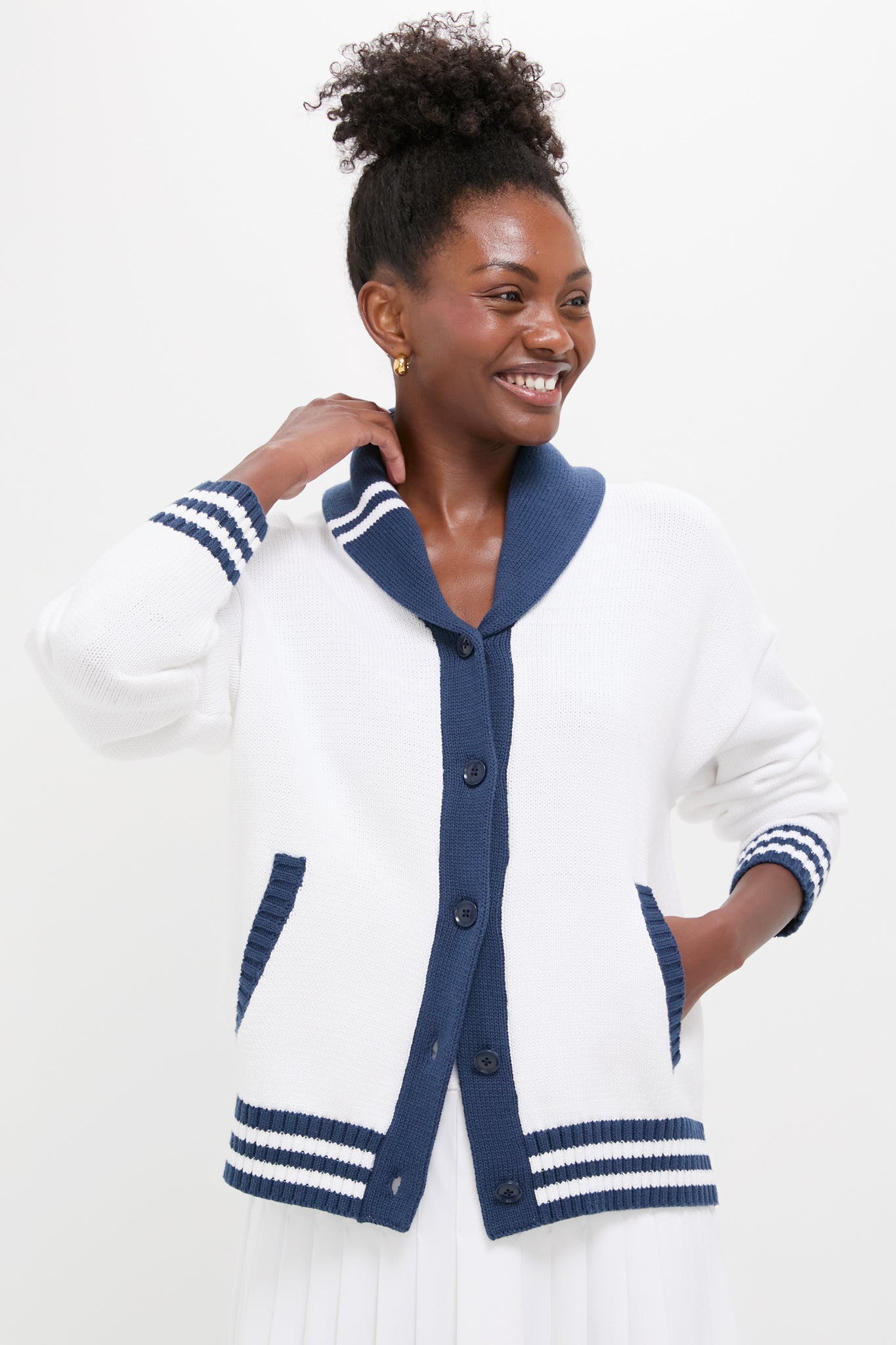 White and Navy Varsity Freya Cardigan | Tnuck Sport