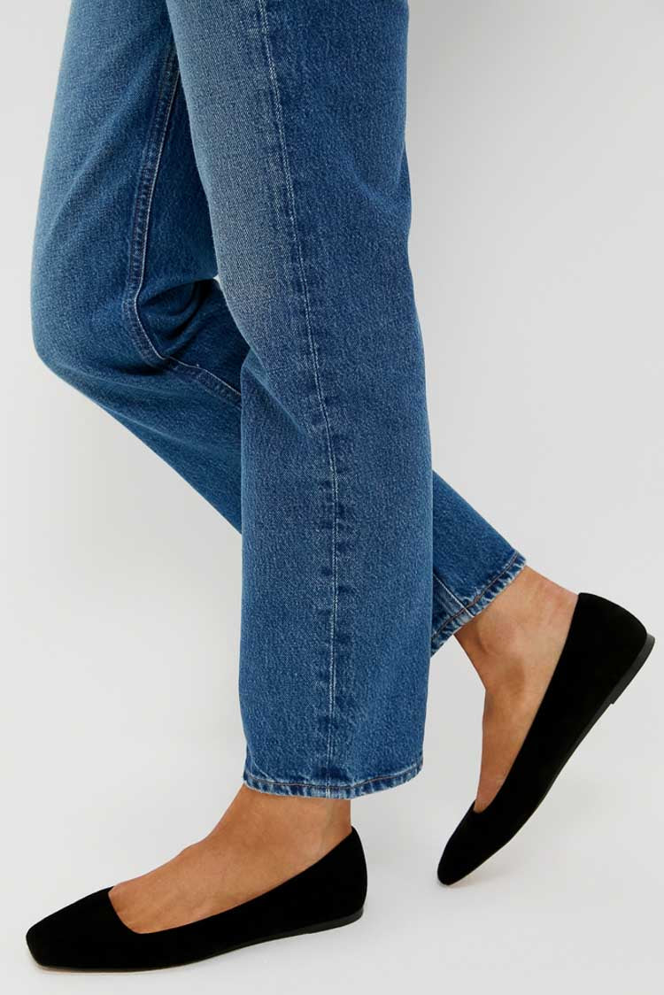 Black Suede Nadia Flats with a chic square toe, offering an effortless and classic slip-on style for everyday wear, perfect for a high-end, fun, versatile look.