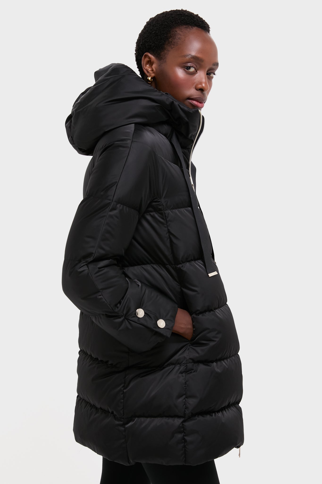 Black Sateen Nylon Hooded Coat