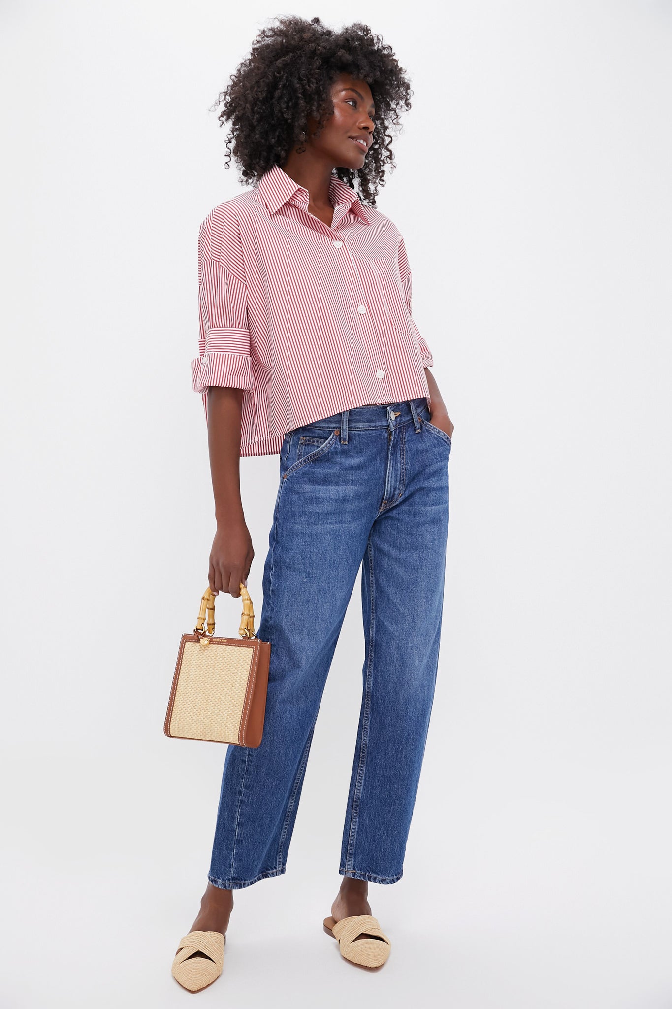 Beige and Hazelwood Small Raffia Bamboo Shopper
