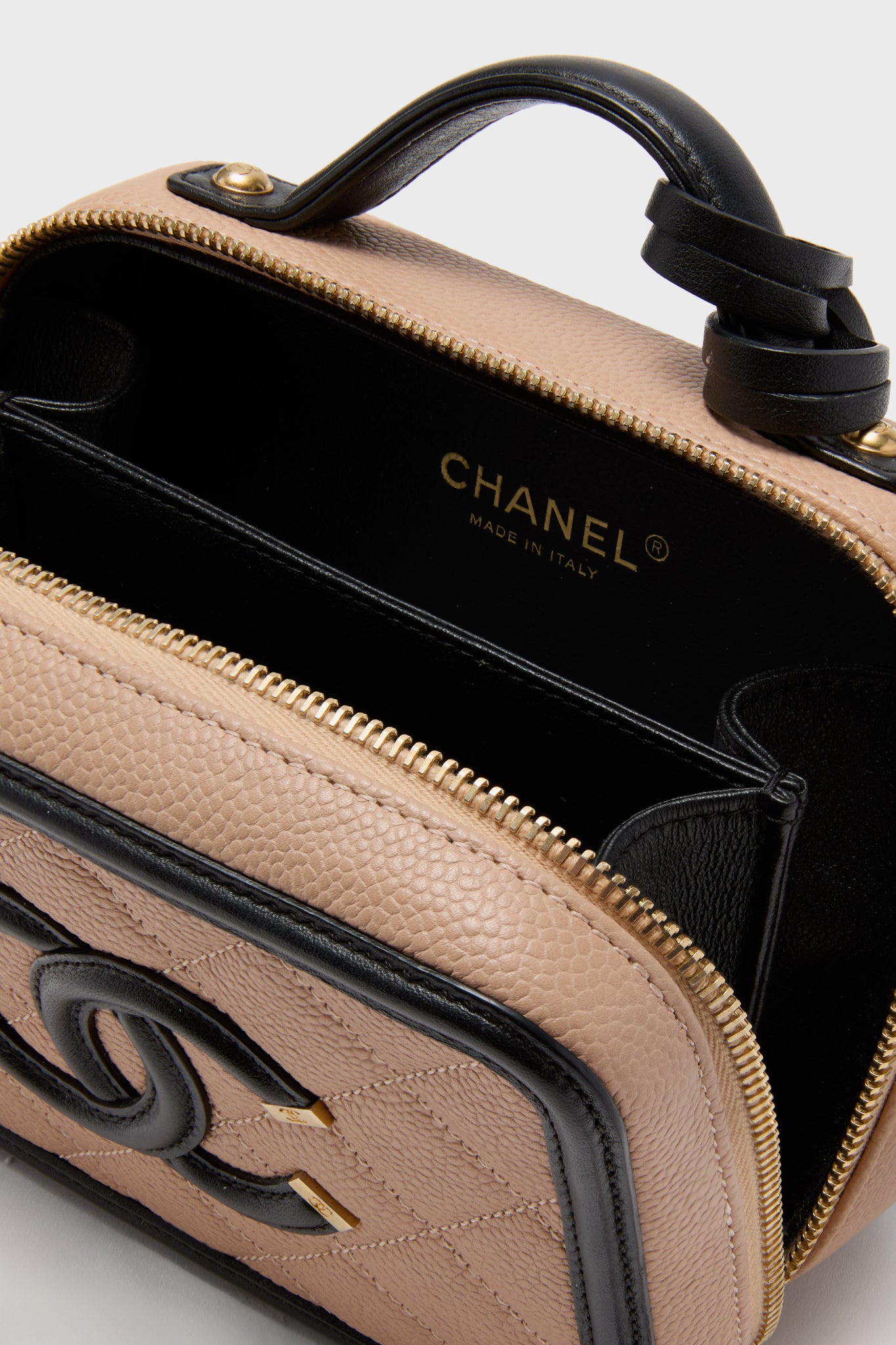 CHANEL Beige and Black Quilted Small Filigree Vanity Case