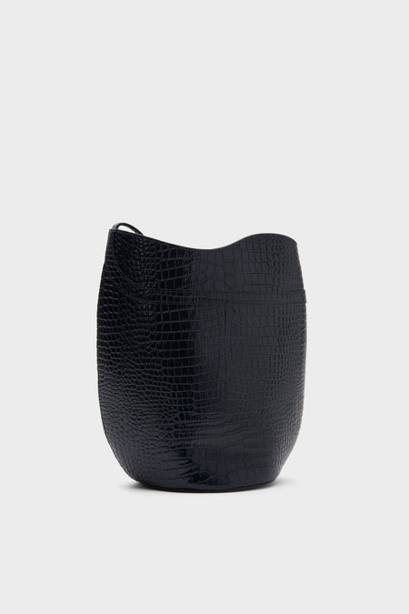 Navy Croc Embossed Belted Bucket Bag