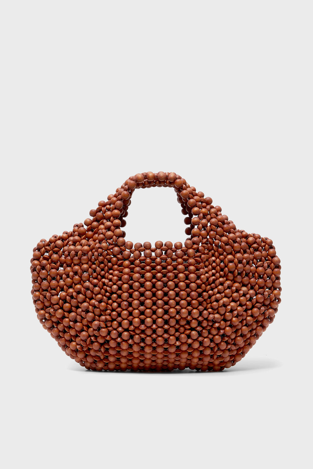 The Aranaz brown beaded tote features round wooden beads, two handles, and a structured, rounded shape—perfect for fans of the brand's signature style.