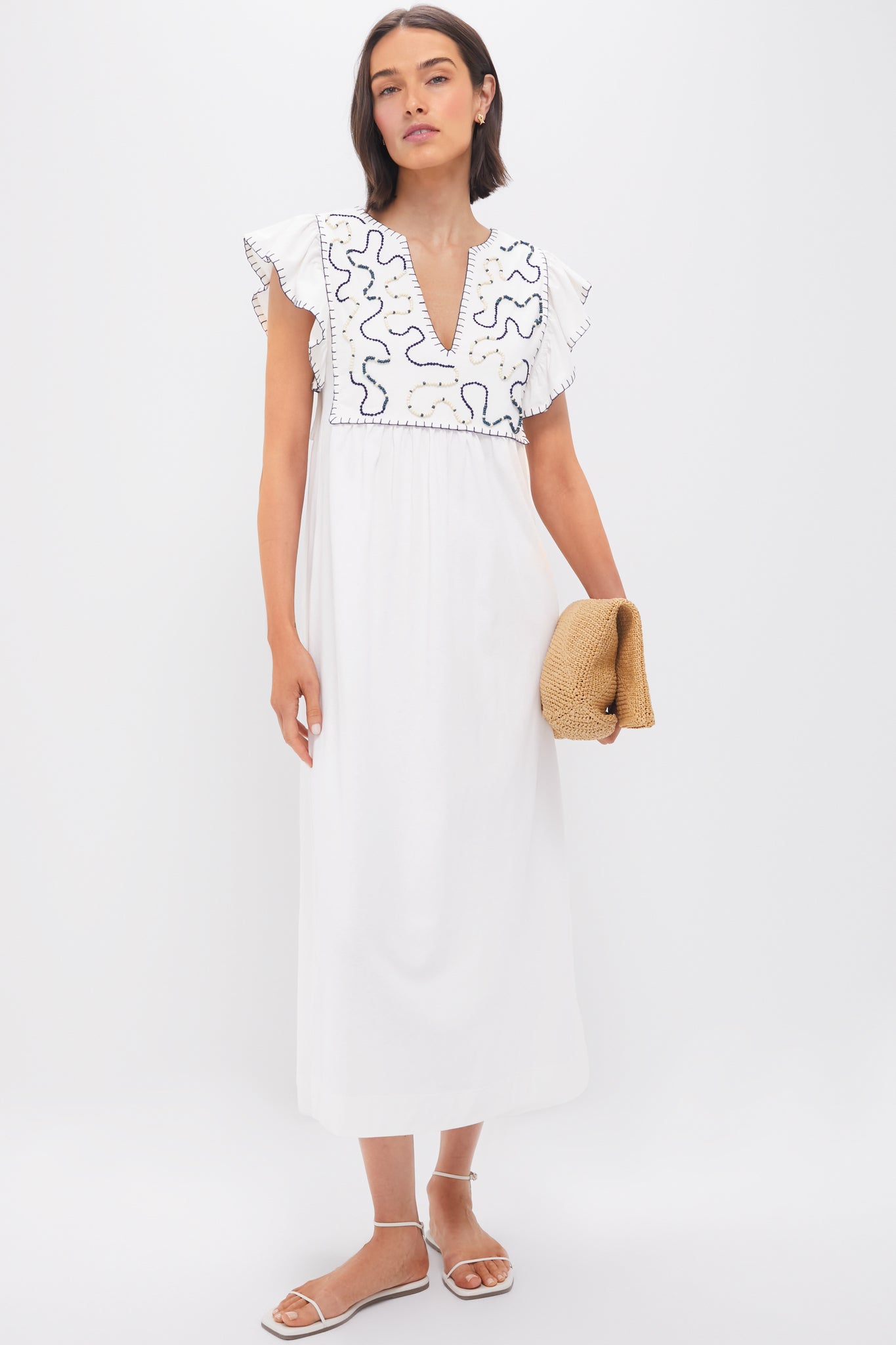 Off White Embroidered Midi Dress