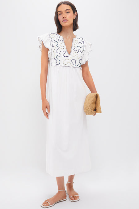Off White Embroidered Midi Dress