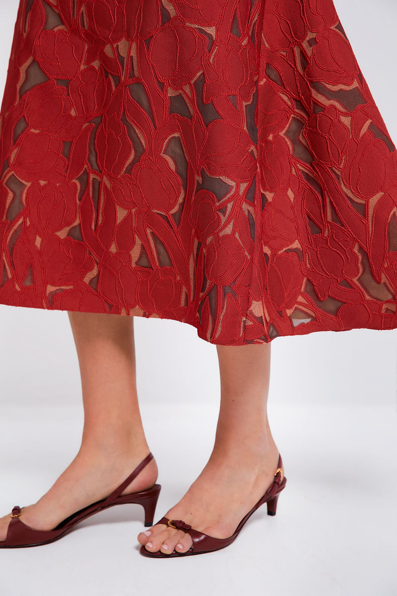 Red on Beige Seneca Embellished Midi Dress