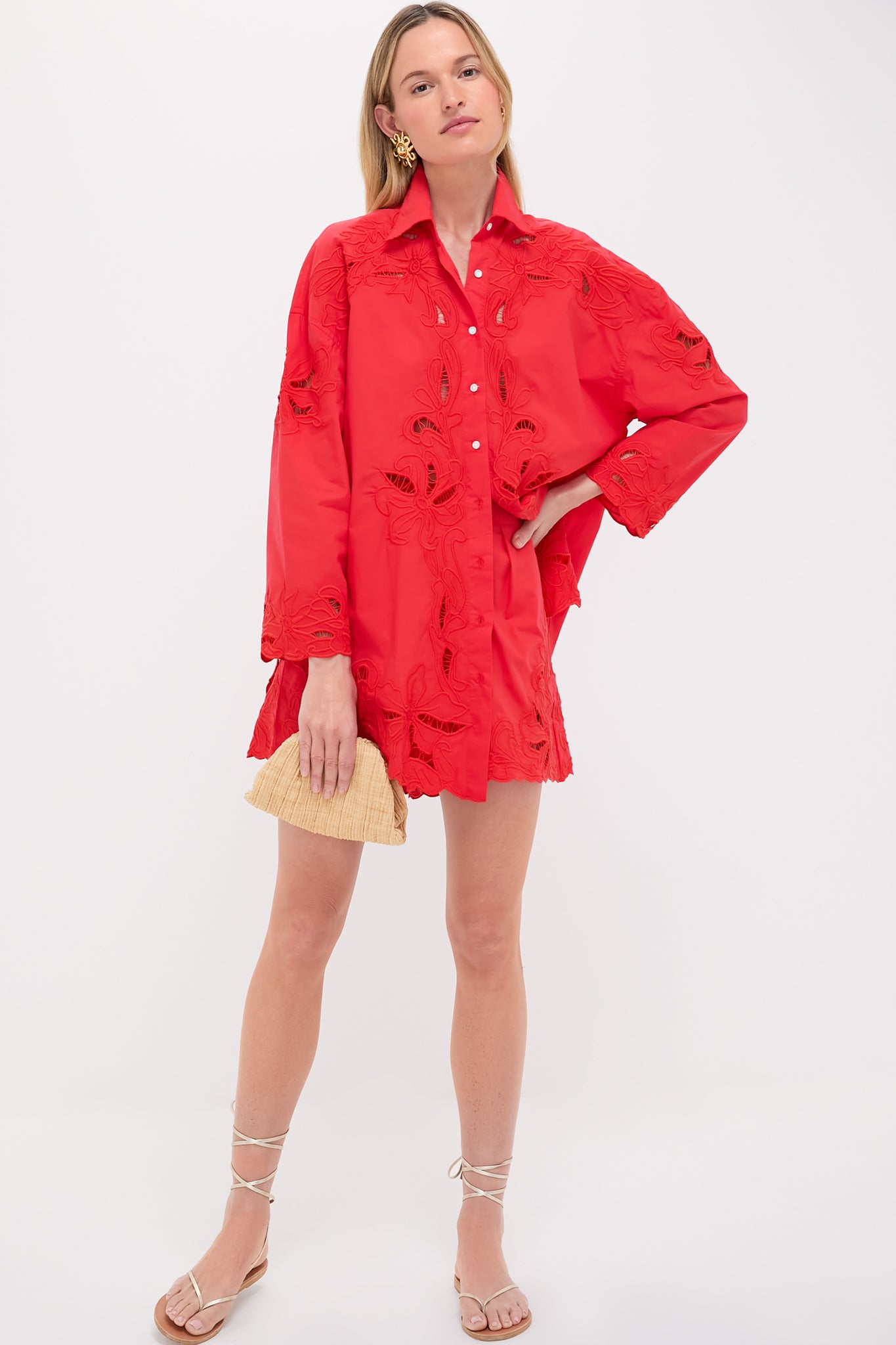 Red Poplin Wide Hem Shorts with Cut-Out Embroidery