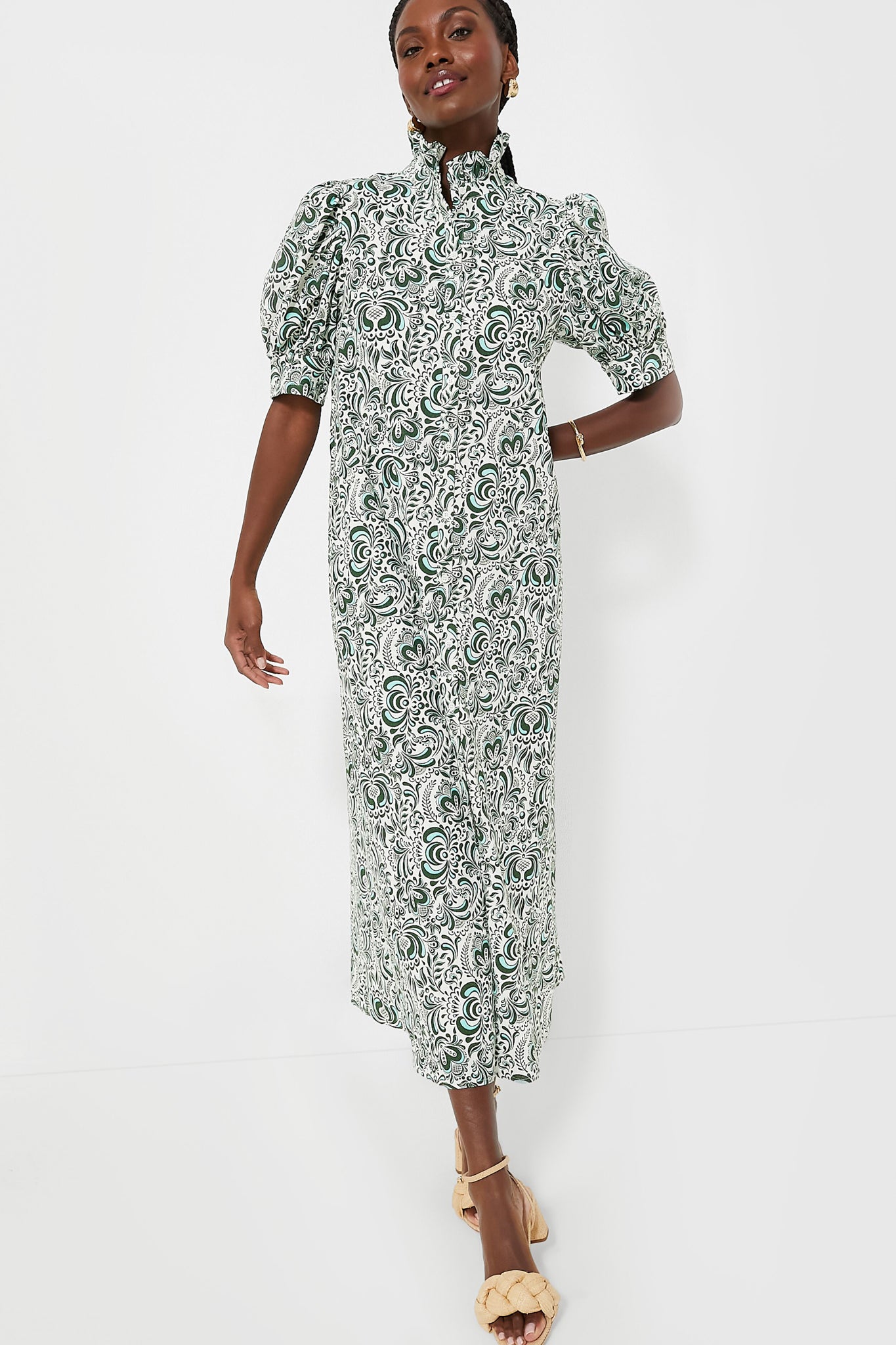 Green Floral Linen Ruffle Collar Louisa Maxi Dress | Hyacinth House