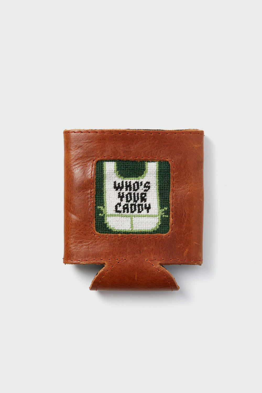 A brown leather wallet by Smathers and Branson features a stitched patch reading WHOS YOUR CADDY, making it an ideal golf gift.