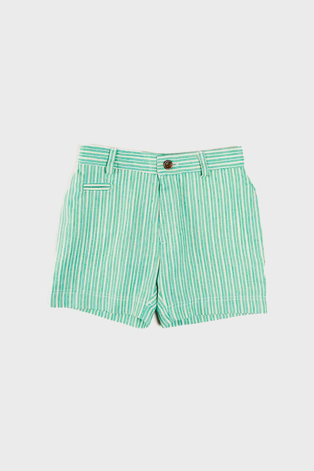 Green and white vertically striped shorts from Pepa London, made of 100% cotton with button closure, belt loops, and a front pocket, shown on a plain white background.