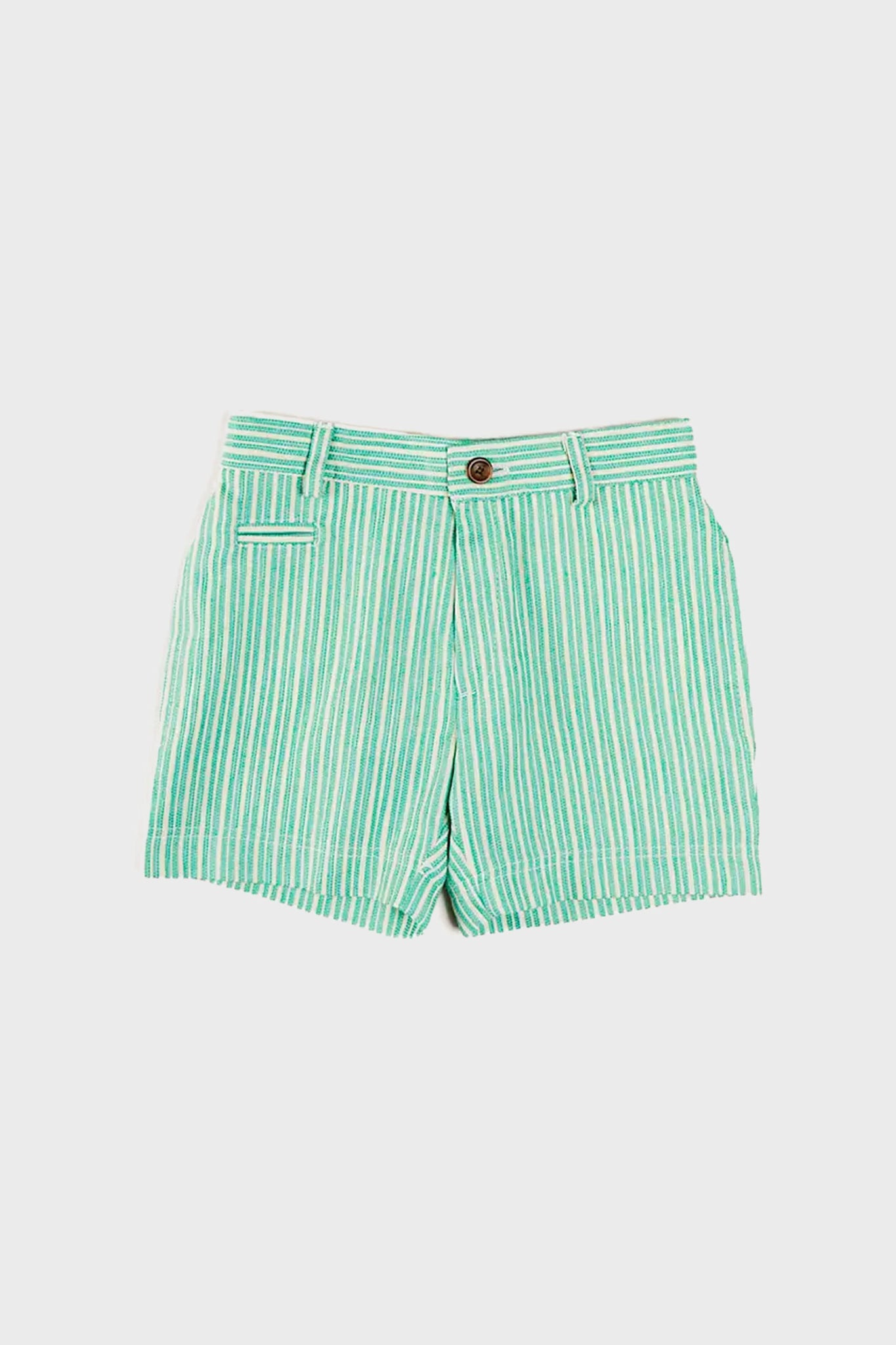 Green and white vertically striped shorts from Pepa London, made of 100% cotton with button closure, belt loops, and a front pocket, shown on a plain white background.