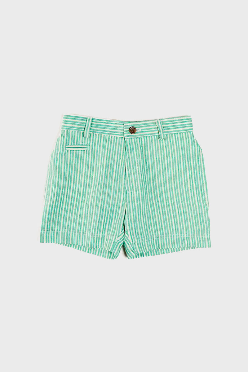 Green and white vertically striped shorts from Pepa London, made of 100% cotton with button closure, belt loops, and a front pocket, shown on a plain white background.