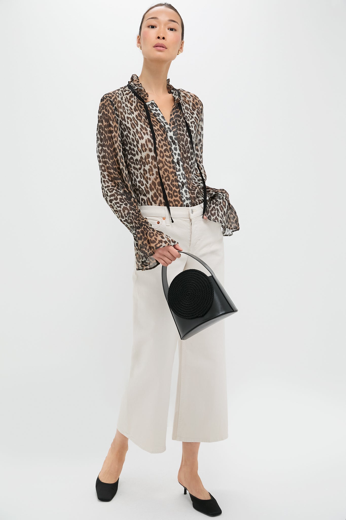 Leopard Printed Viscose Chiffon Tie String Shirt