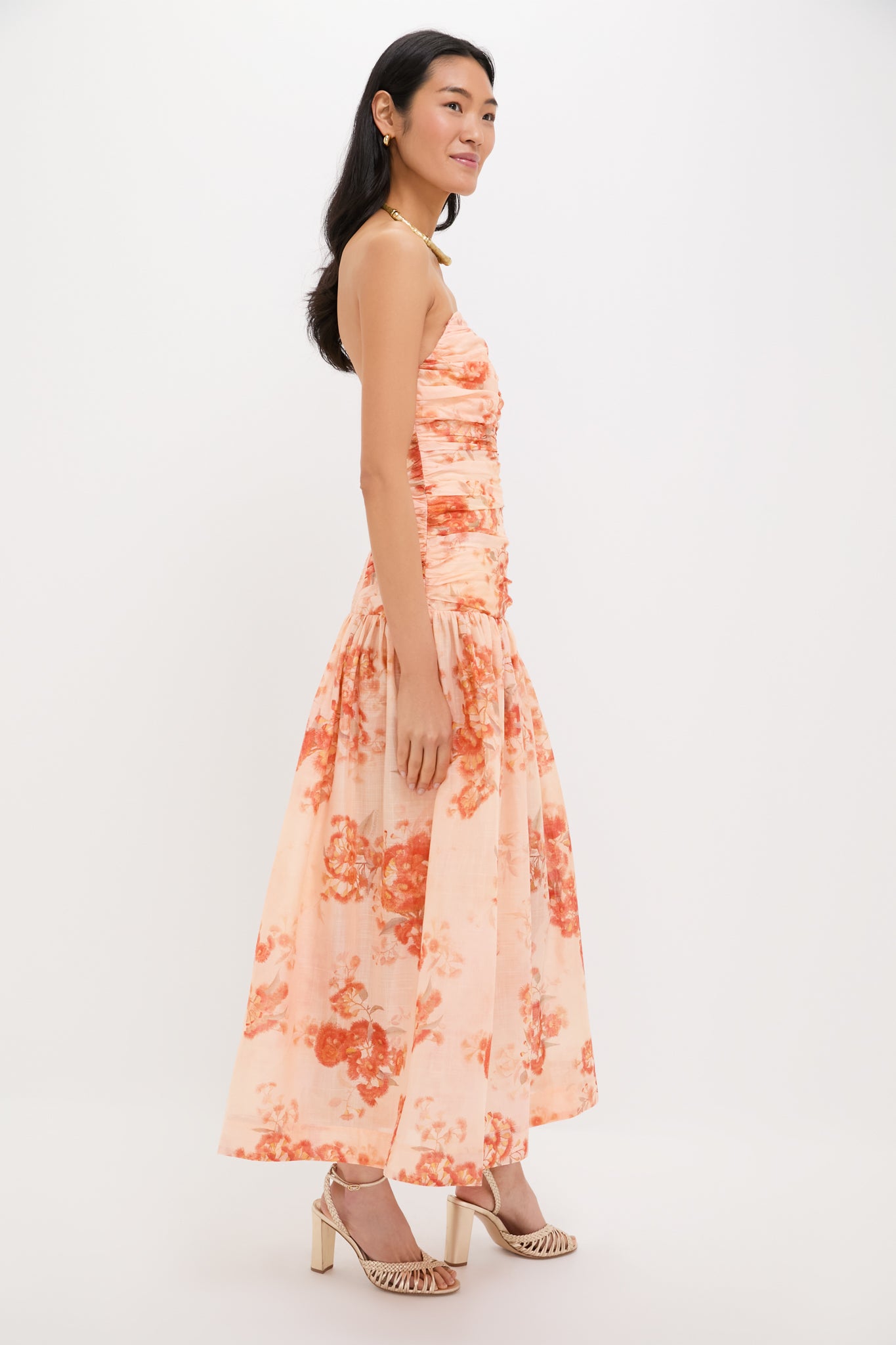 Red Botanical Floral Cascadian Strapless Midi Dress