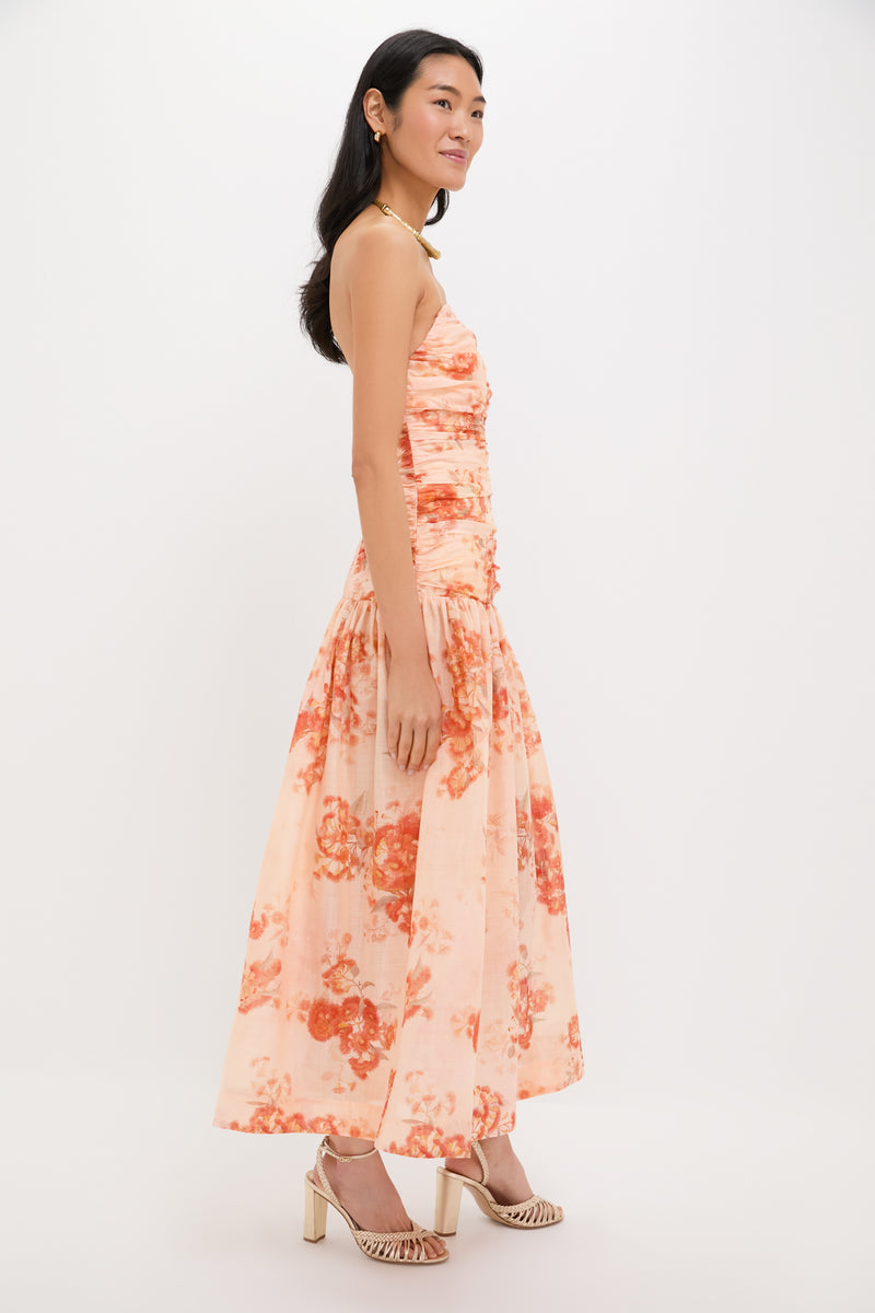 Red Botanical Floral Cascadian Strapless Midi Dress