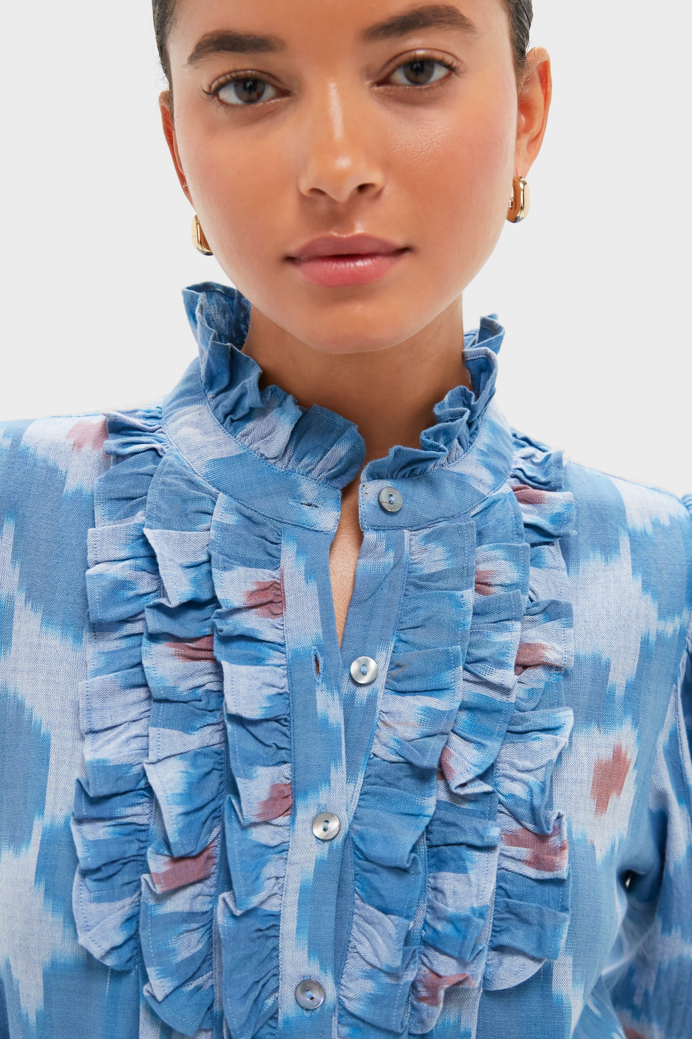 Jinja Blue Ruffle Front Button Blouse | Oliphant